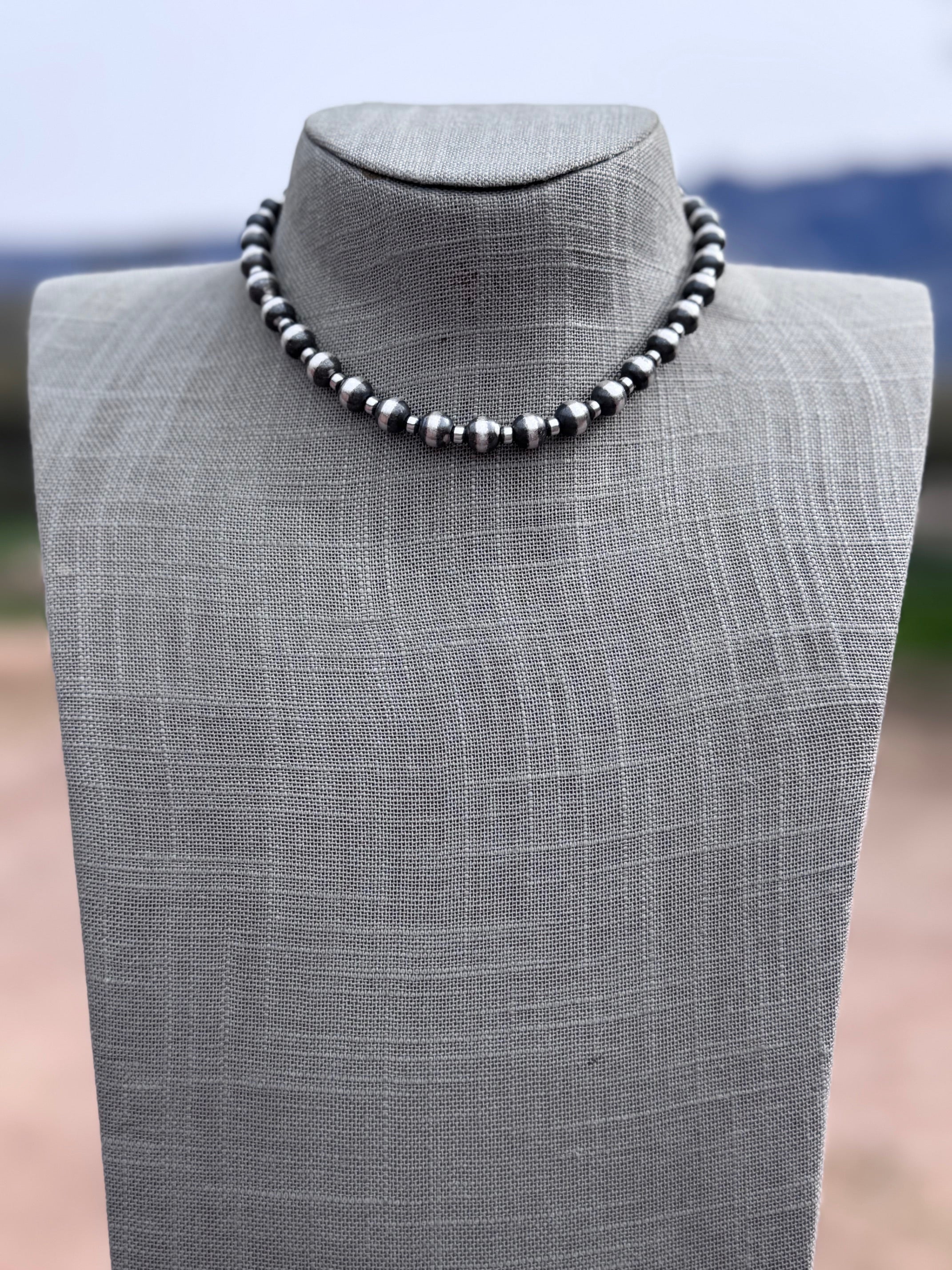 Handcrafted Patterned Sterling Silver Pearl 4-8mm Beaded Necklace