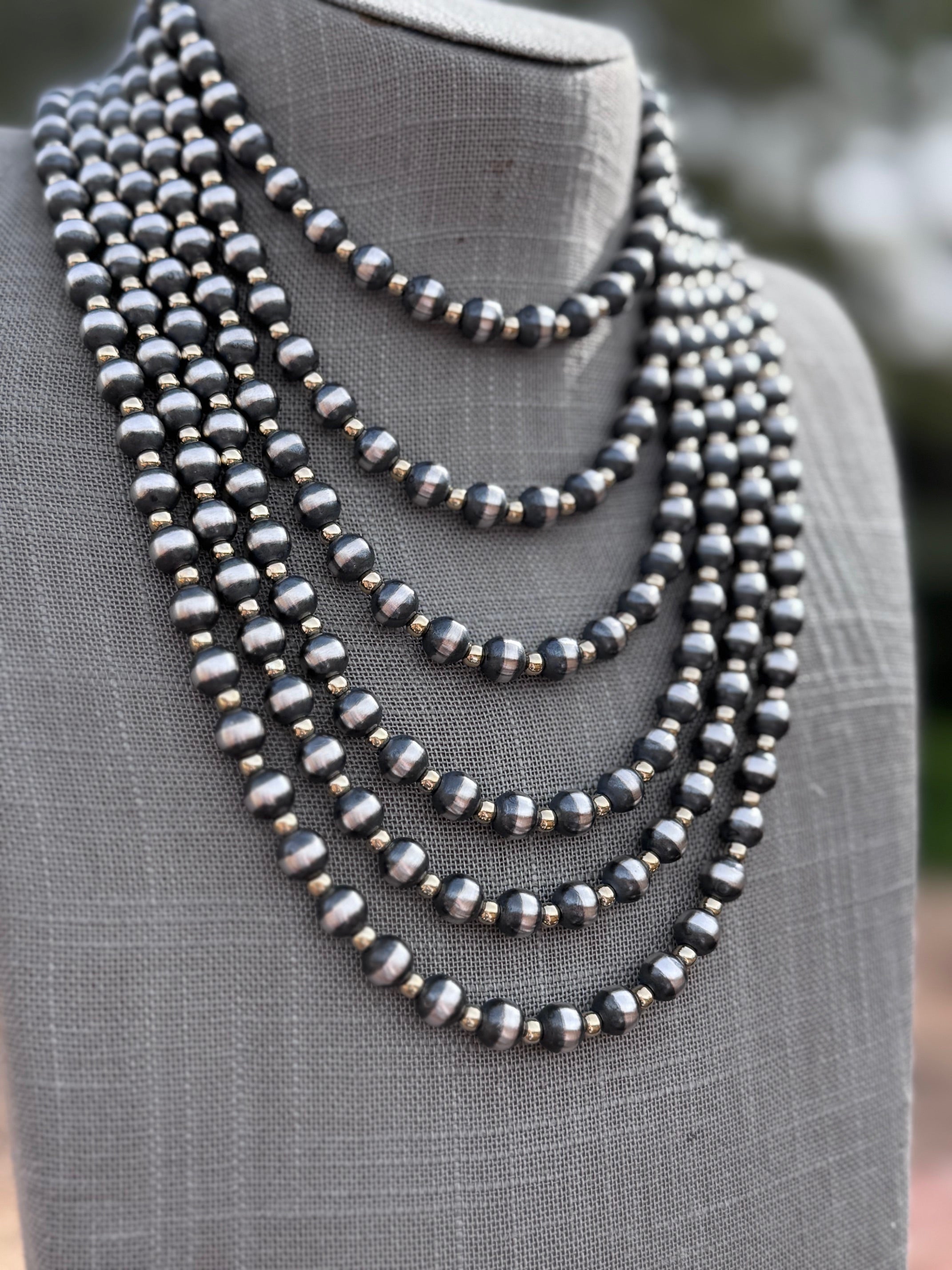 Handcrafted Patterned Gold Overlay & Sterling Silver Pearl 4-8mm Beaded Necklace