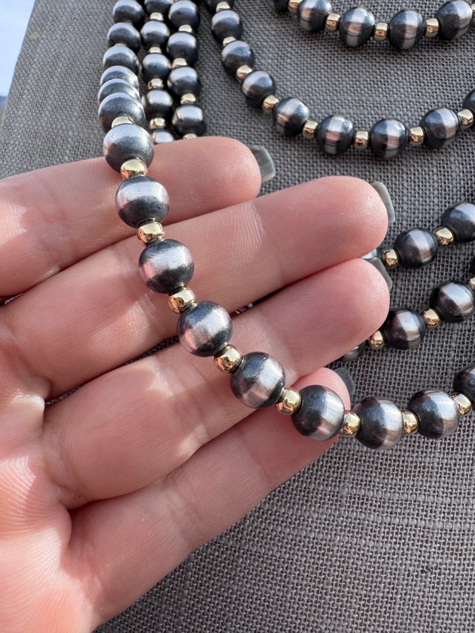 Handcrafted Patterned Gold Overlay & Sterling Silver Pearl 4-8mm Beaded Necklace