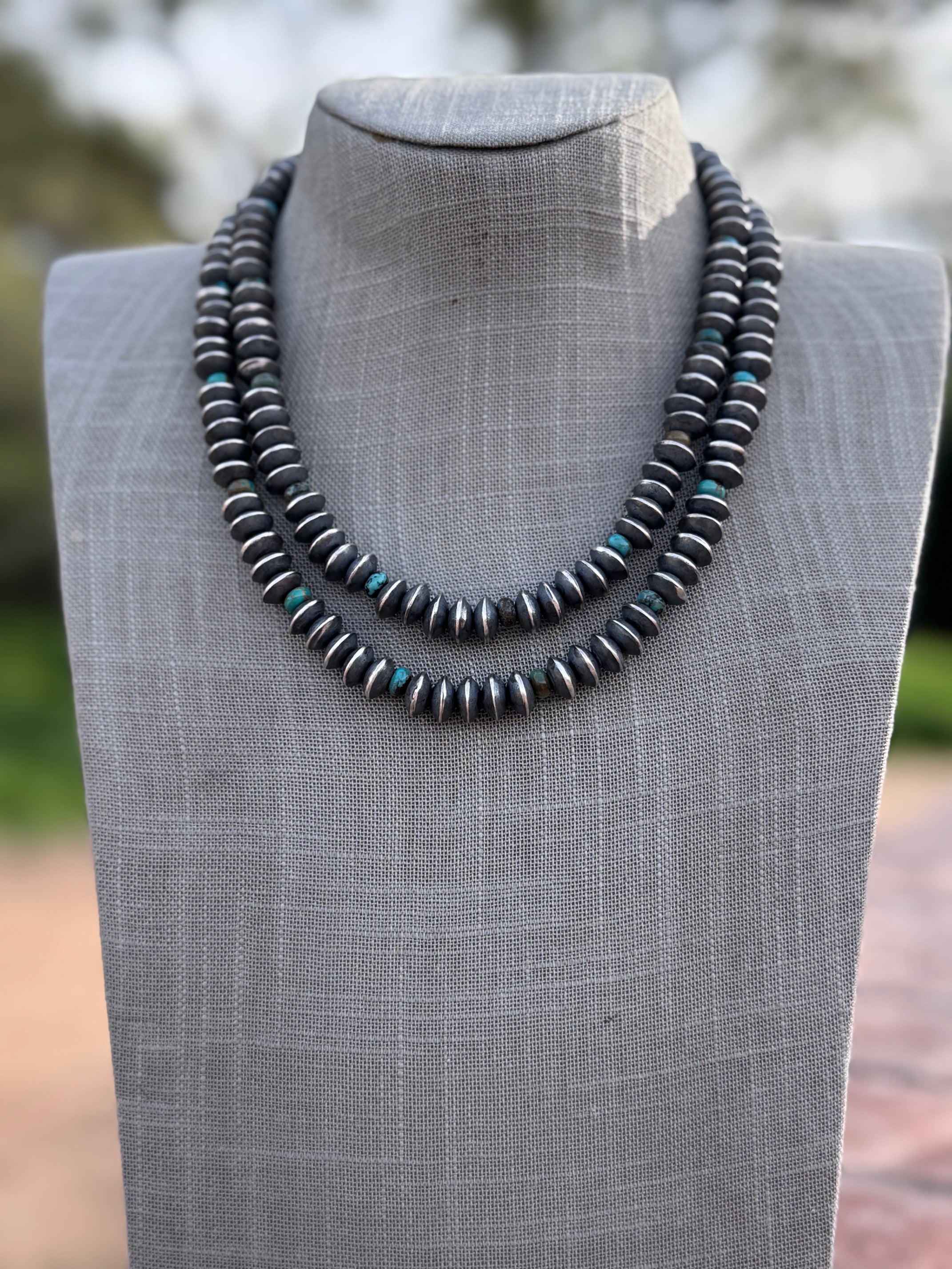 Handcrafted Kingman Turquoise & Sterling Silver Saucer Pearls 8mm Beaded Necklace