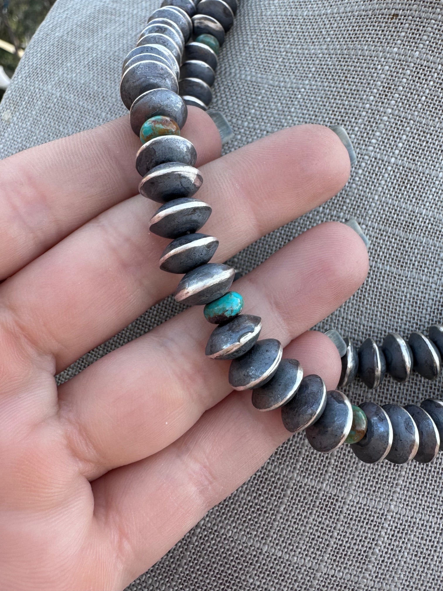 Handcrafted Kingman Turquoise & Sterling Silver Saucer Pearls 8mm Beaded Necklace