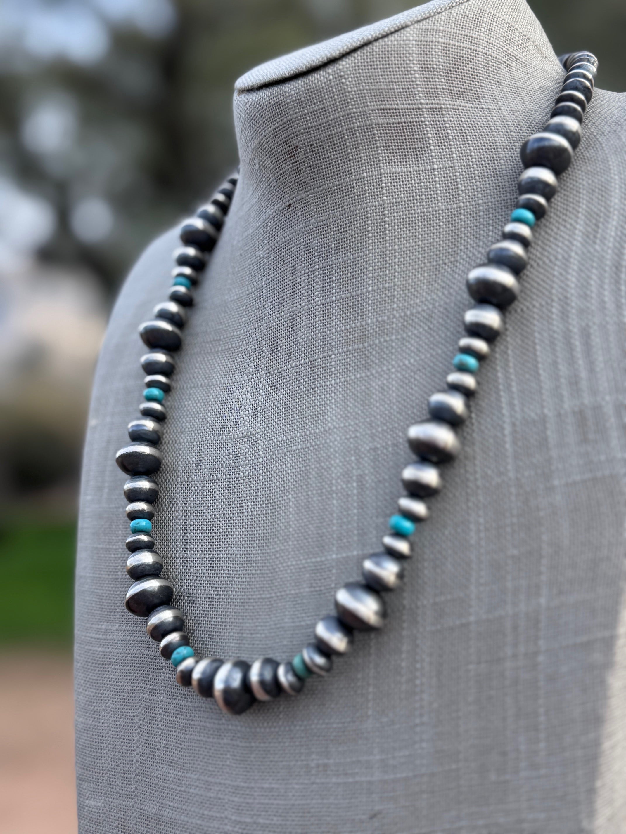 Handcrafted Kingman Turquoise & Sterling Silver Saucer Pearls 6-12mm  Beaded Necklace 22"