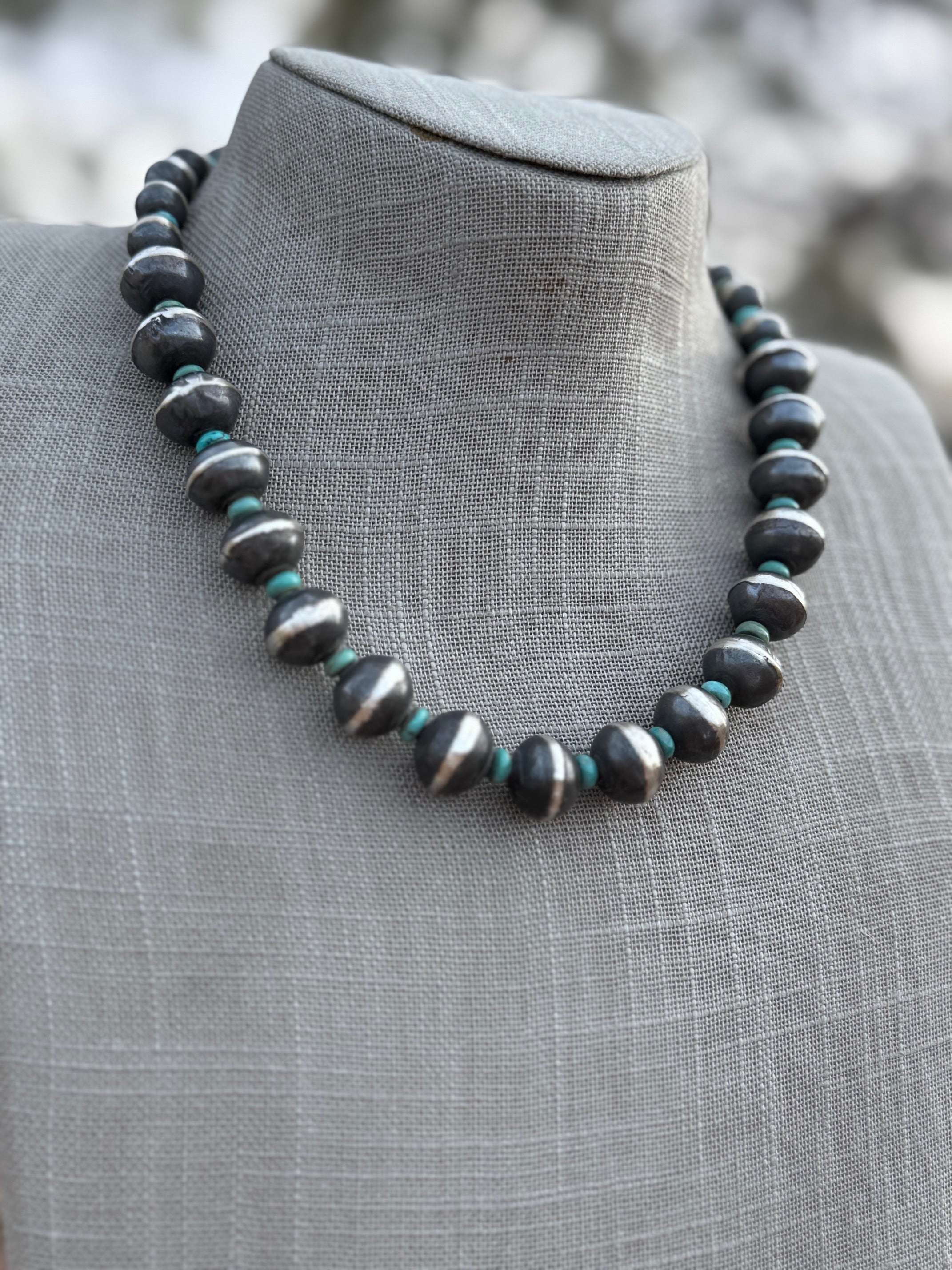 Handcrafted Kingman Turquoise & Sterling Silver Saucer Pearls 8-12mm  Beaded Necklace 18"