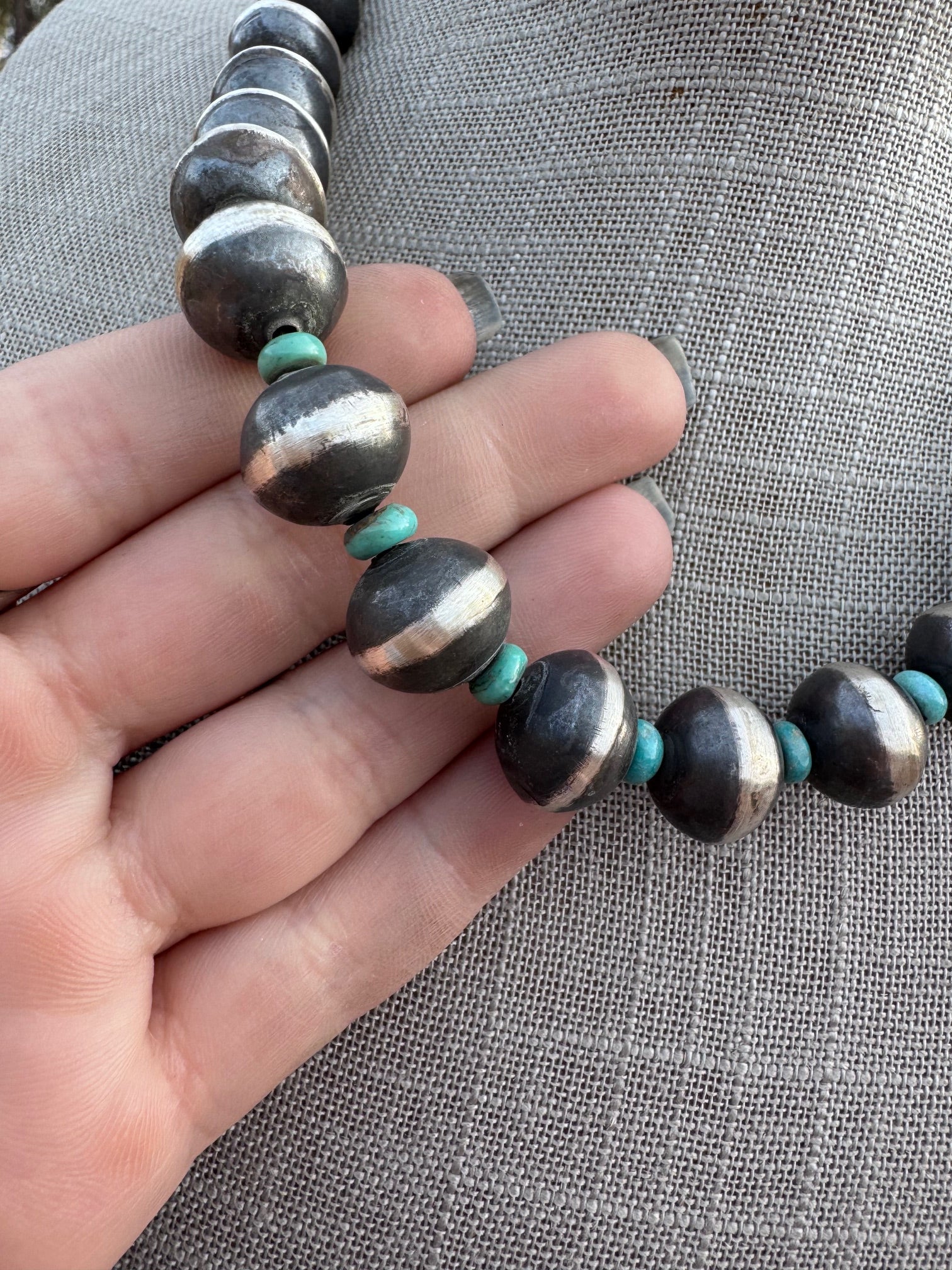 Handcrafted Kingman Turquoise & Sterling Silver Saucer Pearls 8-12mm  Beaded Necklace 18"