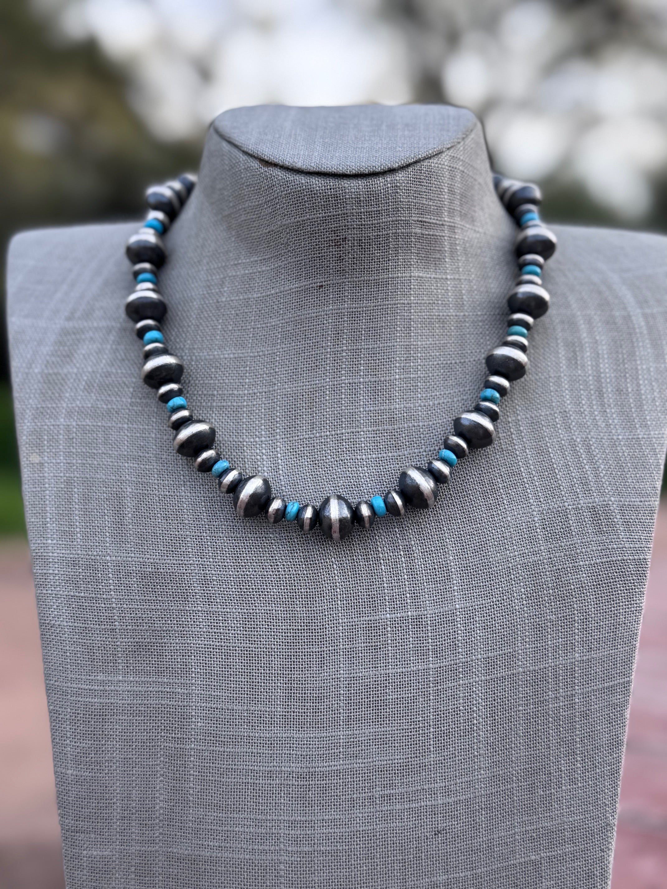 Handcrafted Kingman Turquoise & Sterling Silver Saucer Pearls 8-12mm  Beaded Necklace 18"