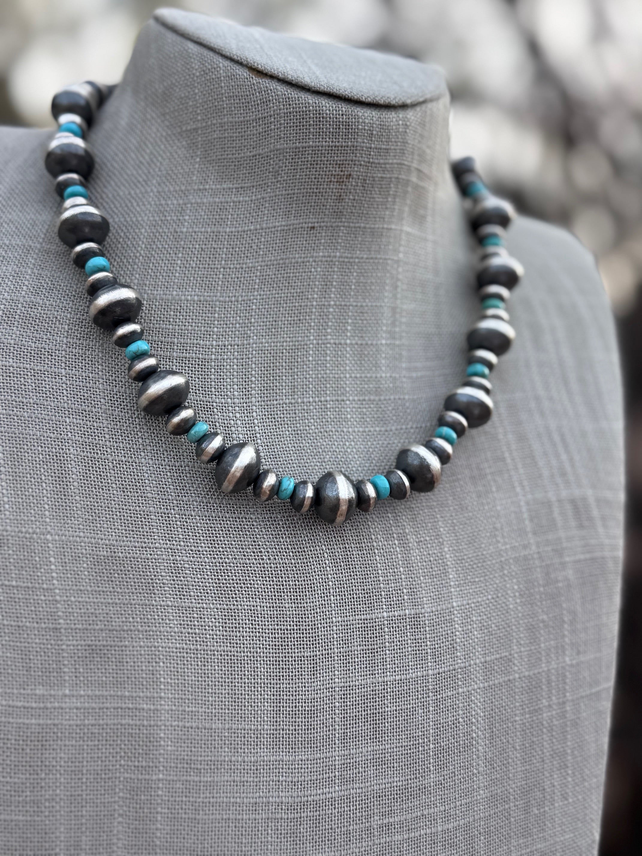 Handcrafted Kingman Turquoise & Sterling Silver Saucer Pearls 8-12mm  Beaded Necklace 18"