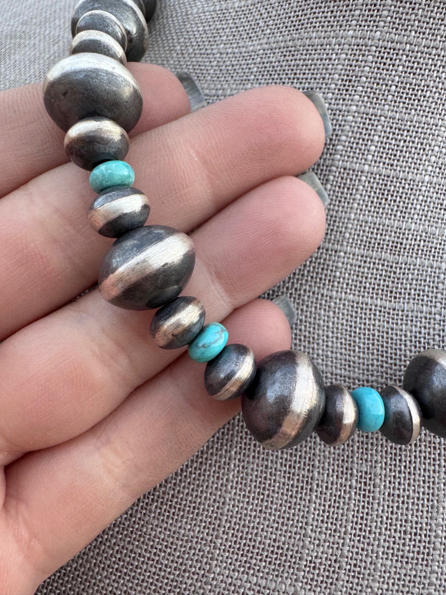 Handcrafted Kingman Turquoise & Sterling Silver Saucer Pearls 8-12mm  Beaded Necklace 18"