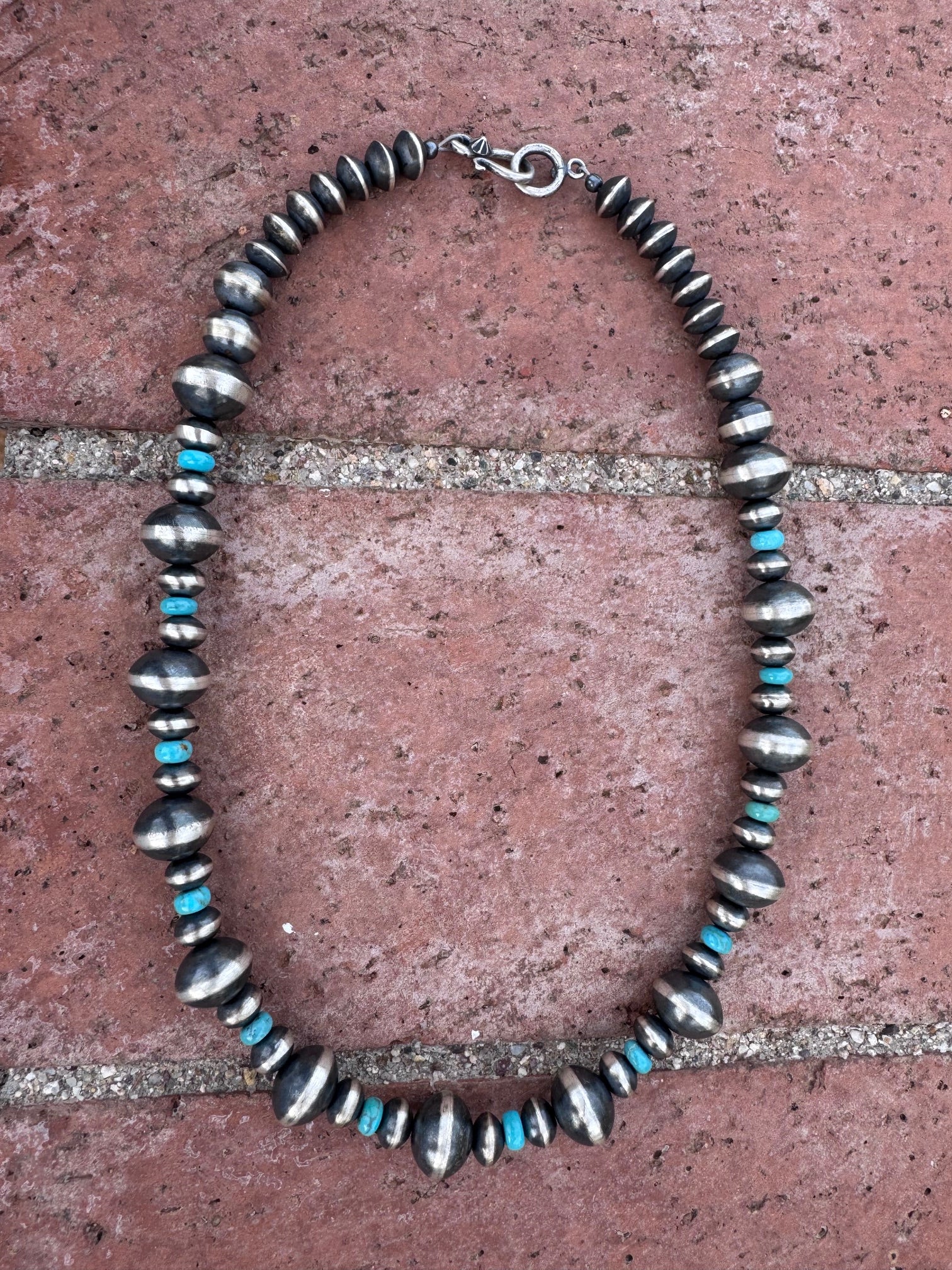 Handcrafted Kingman Turquoise & Sterling Silver Saucer Pearls 8-12mm  Beaded Necklace 18"