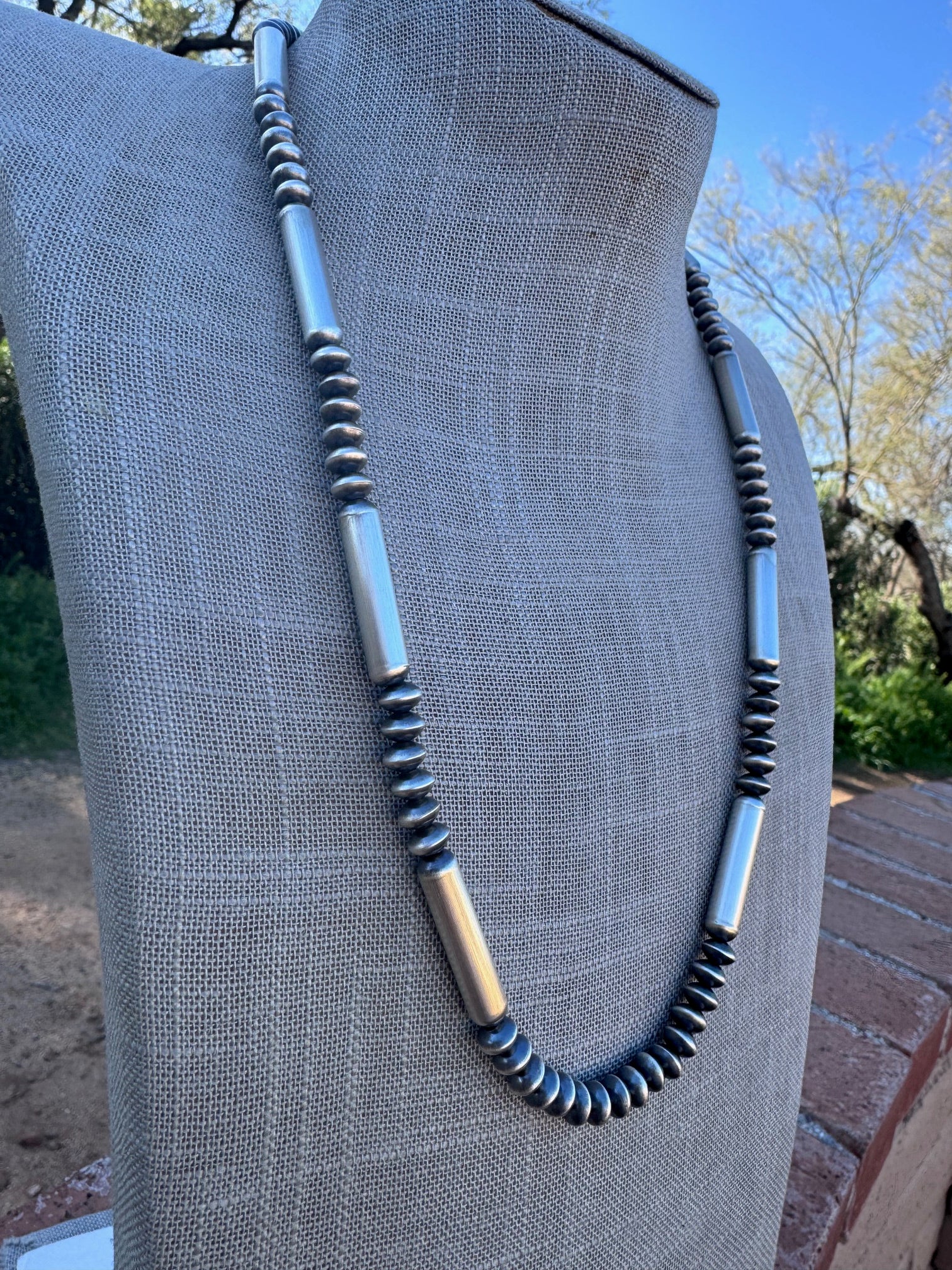 Handcrafted Sterling Silver Barrel & Saucer Beaded Necklace 24"