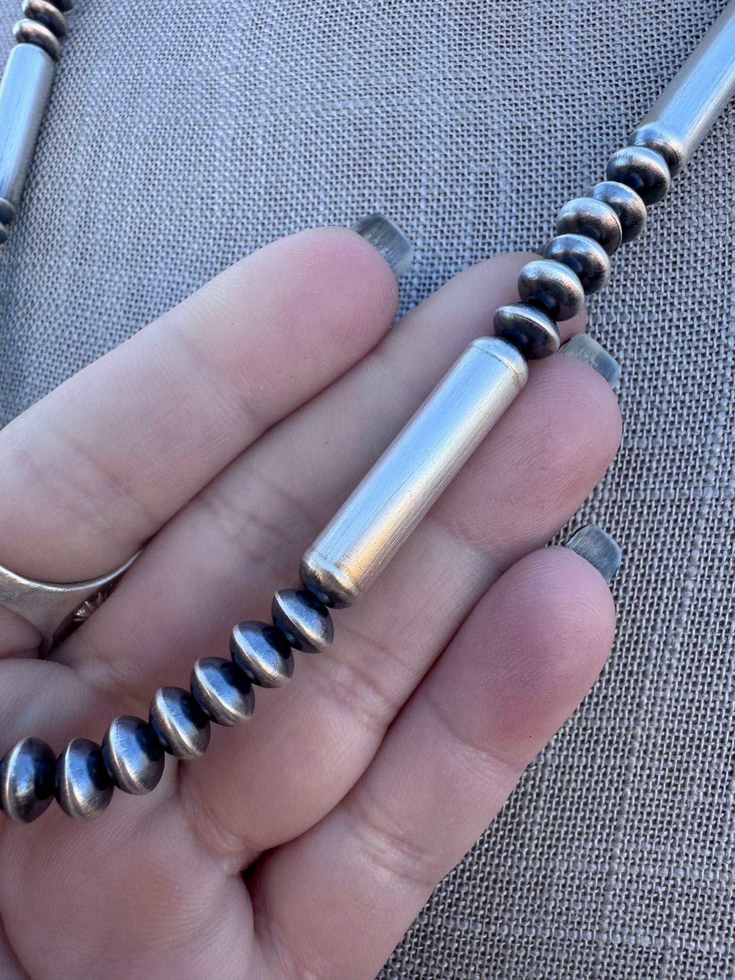 Handcrafted Sterling Silver Barrel & Saucer Beaded Necklace 24"