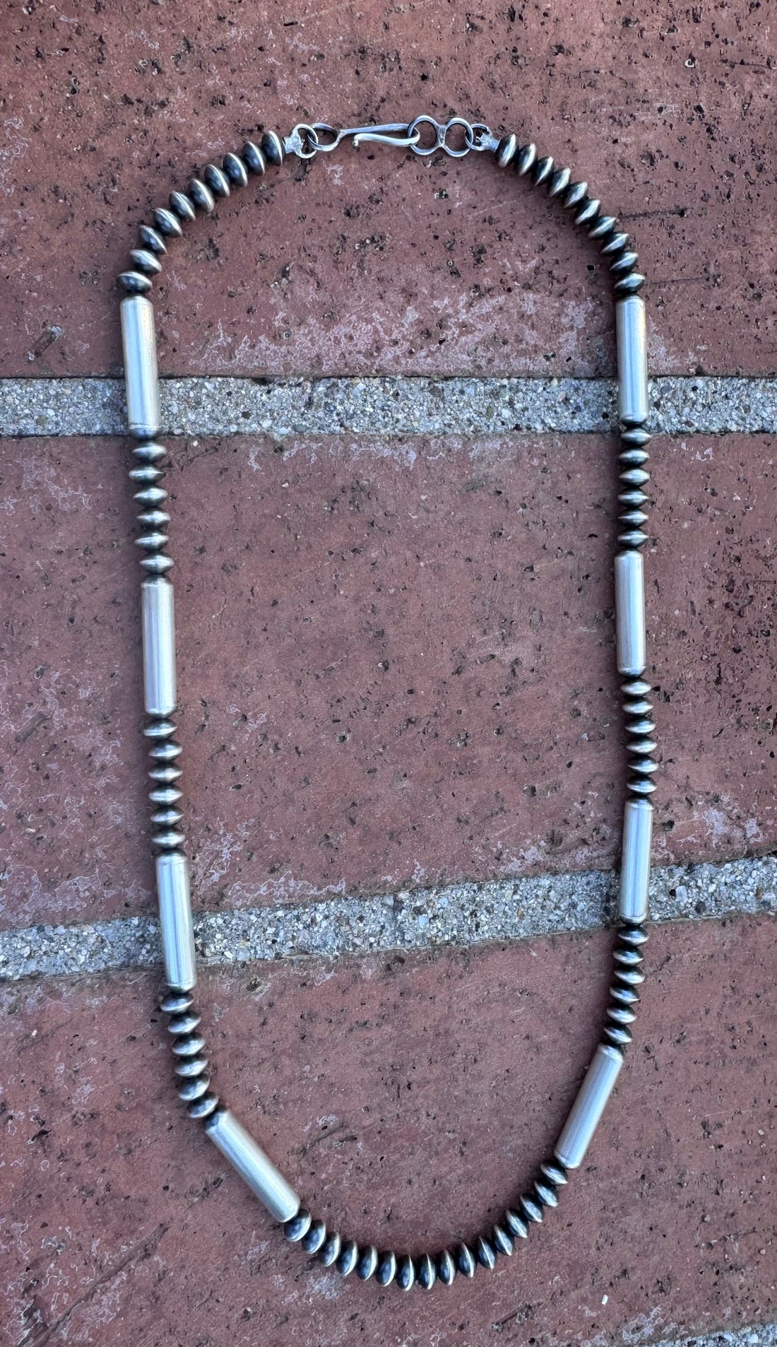 Handcrafted Sterling Silver Barrel & Saucer Beaded Necklace 24"
