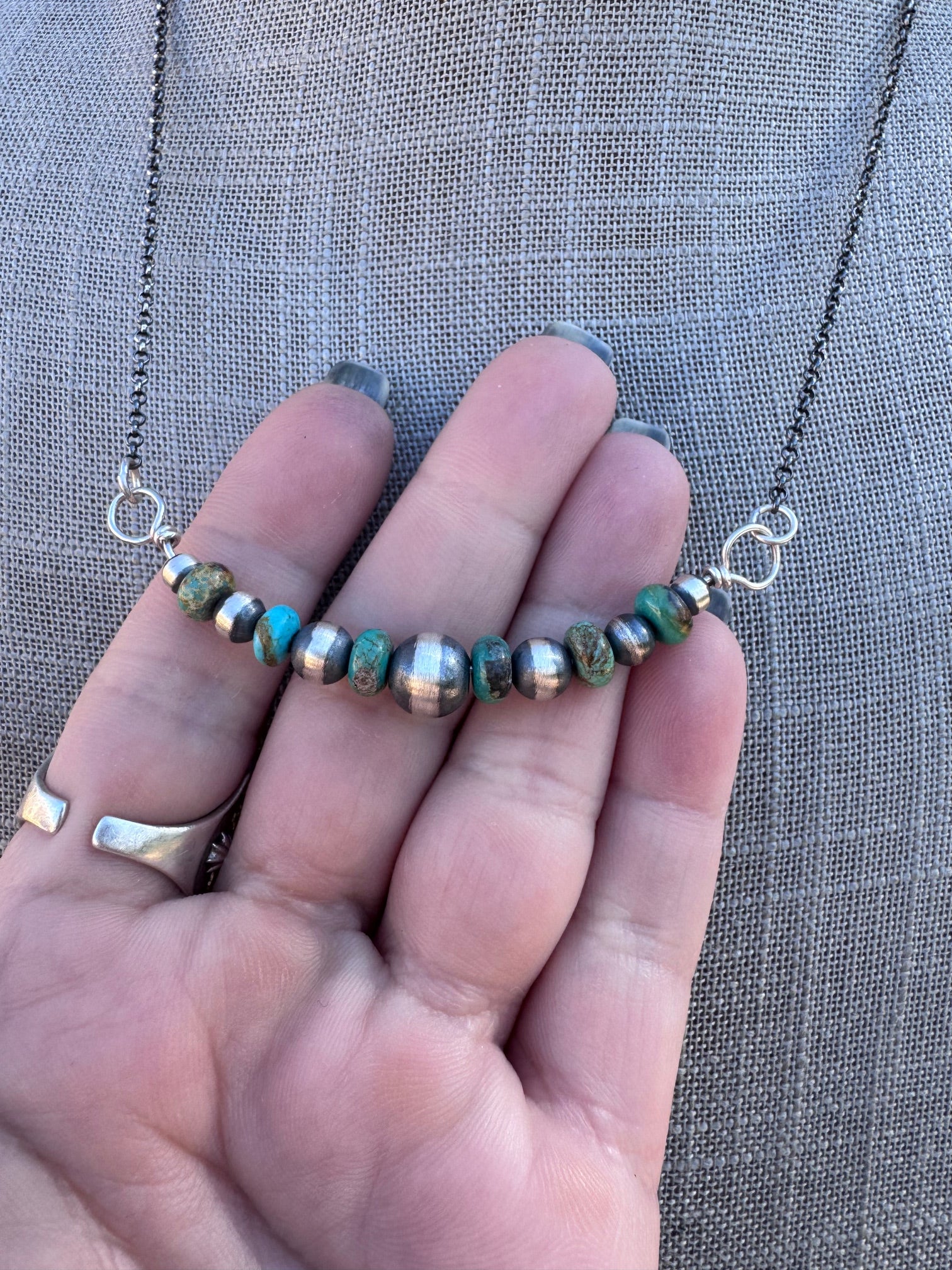 Handcrafted Sterling Silver & Turquoise 4-8mm Beaded Chain Necklace 18"