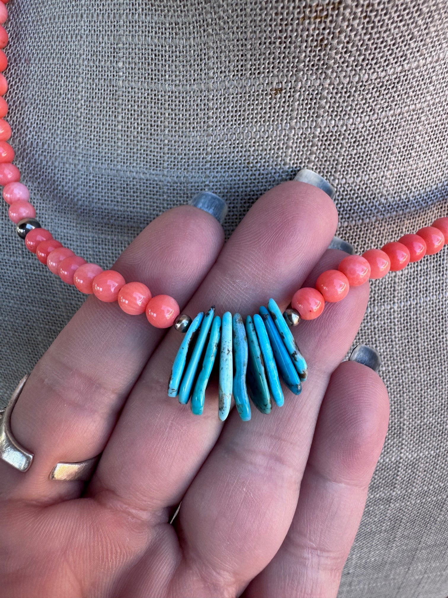 Handcrafted Turquoise, Spiny & Sterling Silver Beaded Necklace 17"