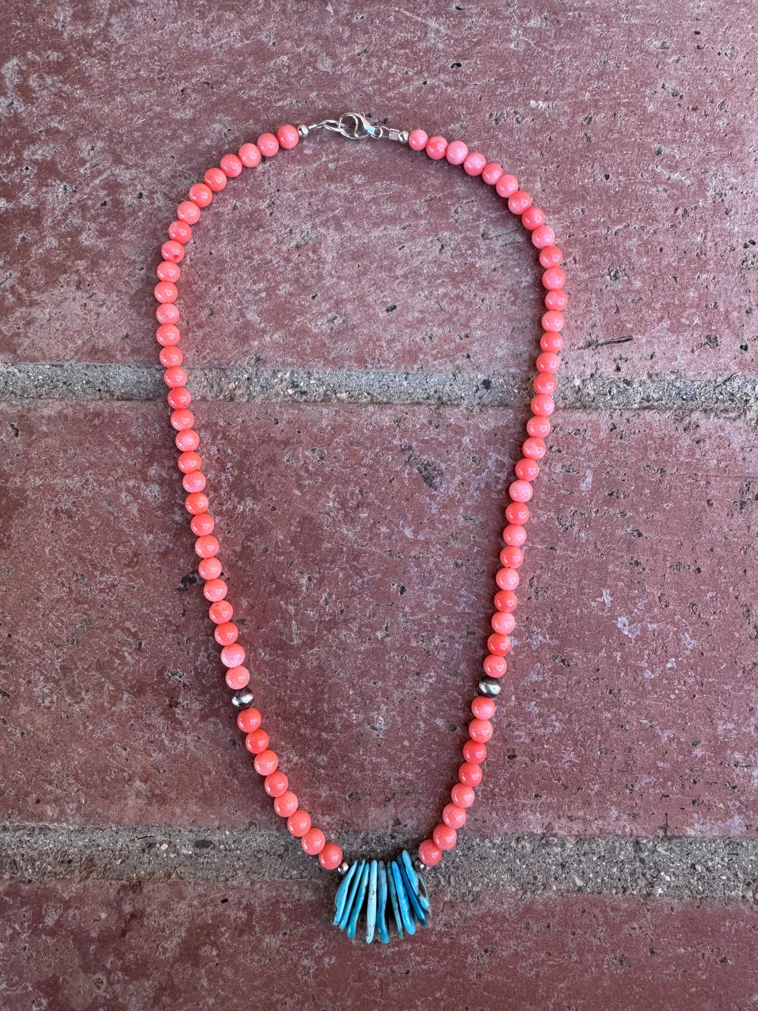 Handcrafted Turquoise, Spiny & Sterling Silver Beaded Necklace 17"
