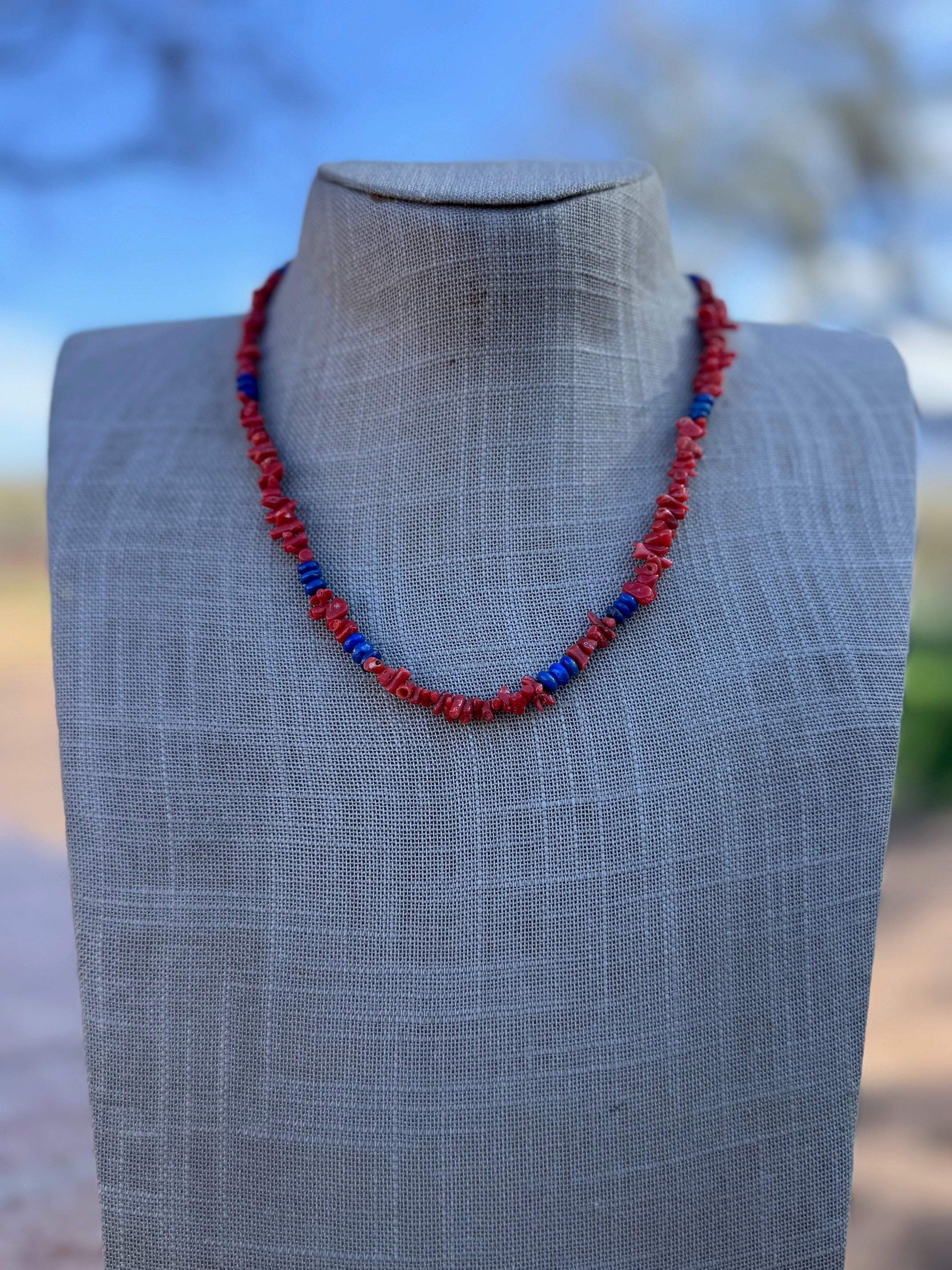 Handcrafted Coral, Lapis & Sterling Beaded Necklace 18"