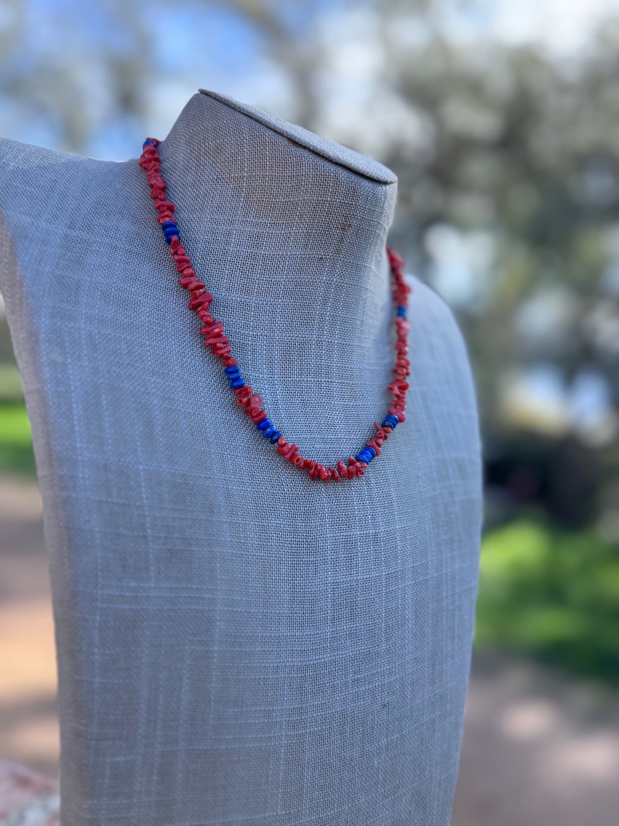 Handcrafted Coral, Lapis & Sterling Beaded Necklace 18"