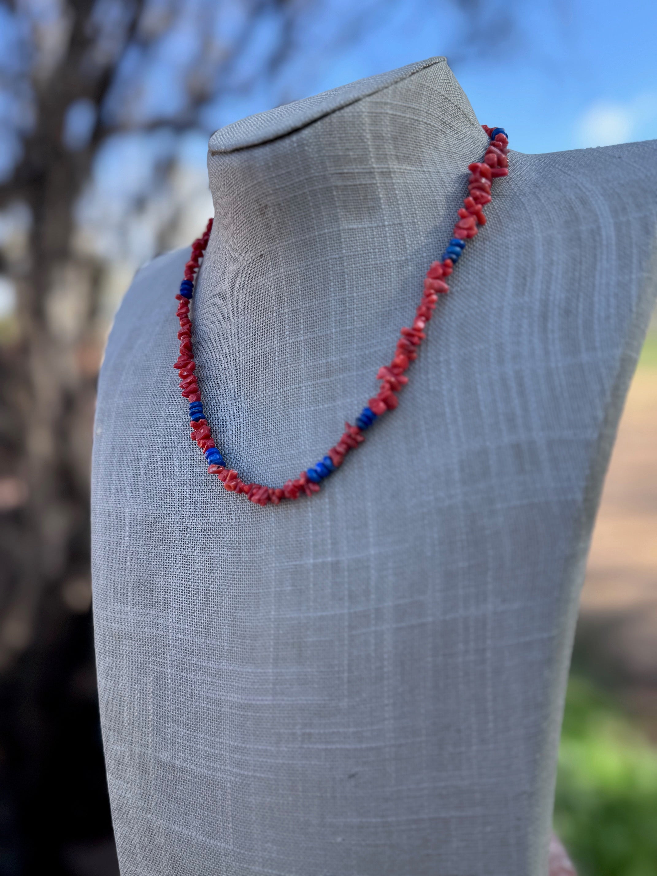 Handcrafted Coral, Lapis & Sterling Beaded Necklace 18"