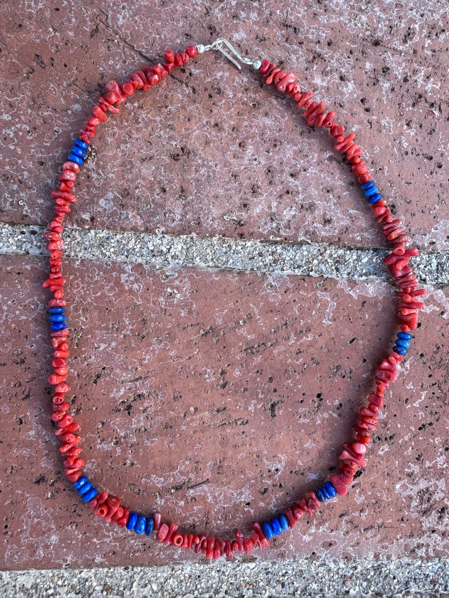 Handcrafted Coral, Lapis & Sterling Beaded Necklace 18"