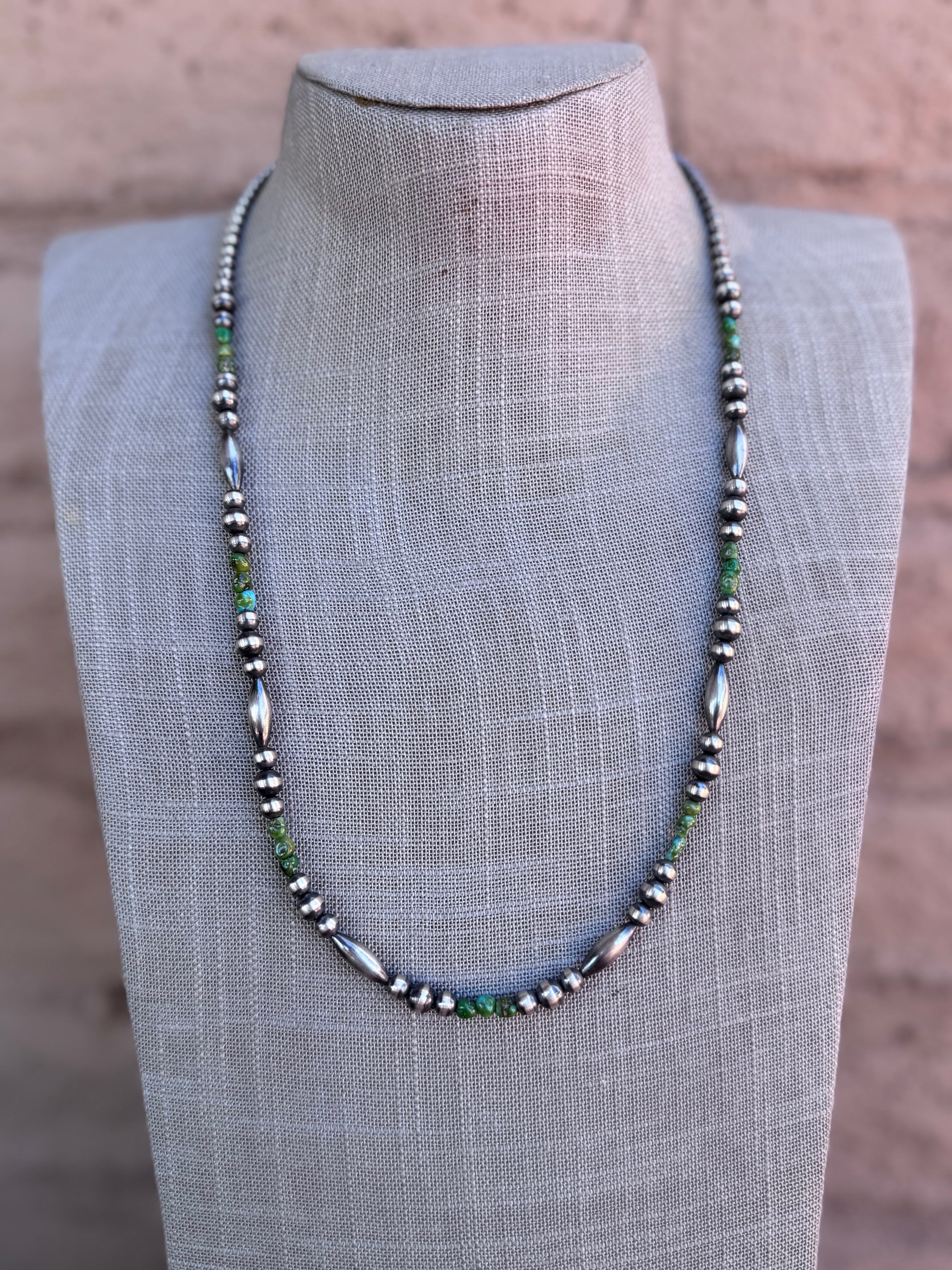 Handcrafted Royston Turquoise Sterling Silver 4-6mm Beaded Necklace 24"