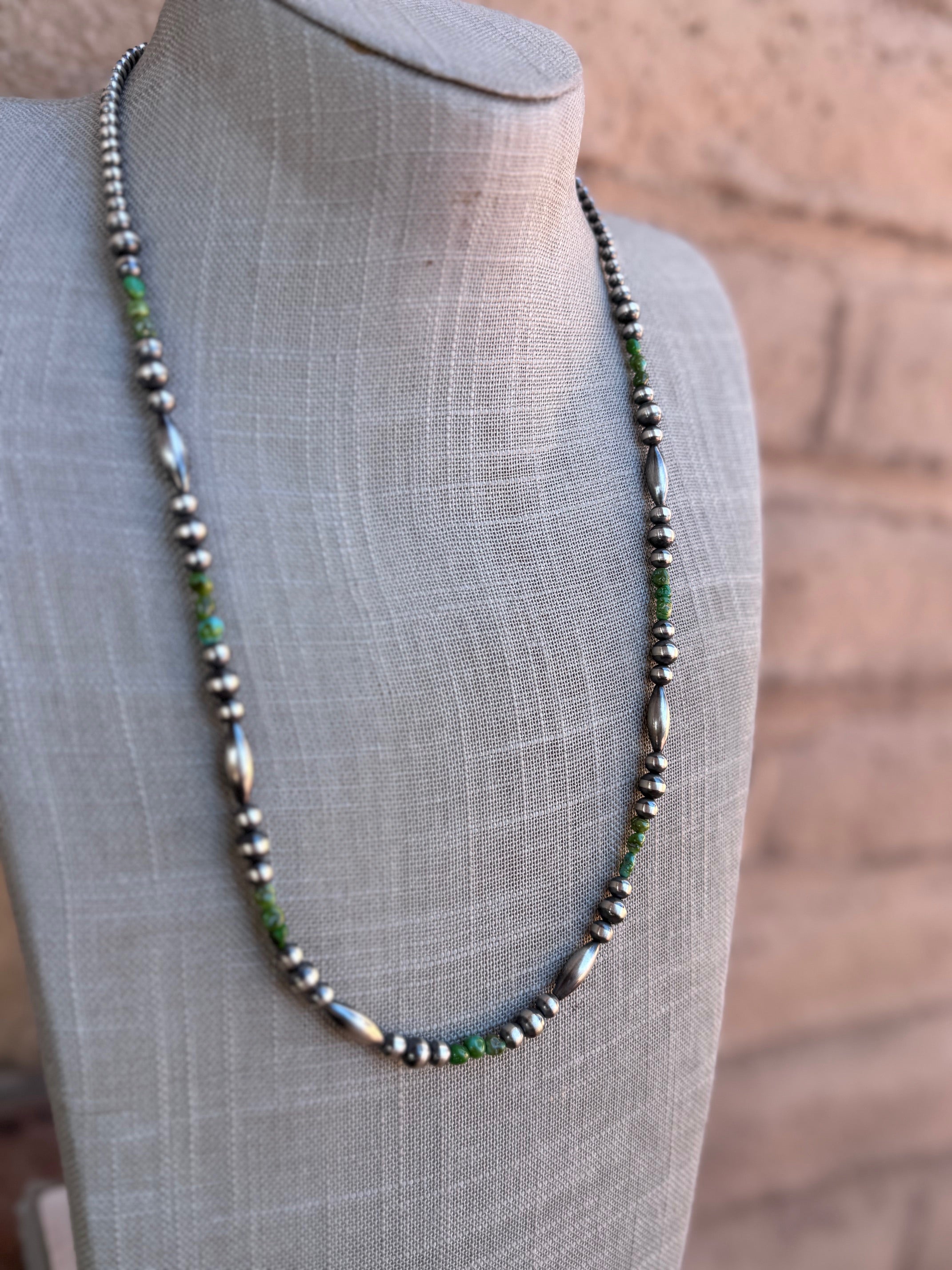 Handcrafted Royston Turquoise Sterling Silver 4-6mm Beaded Necklace 24"