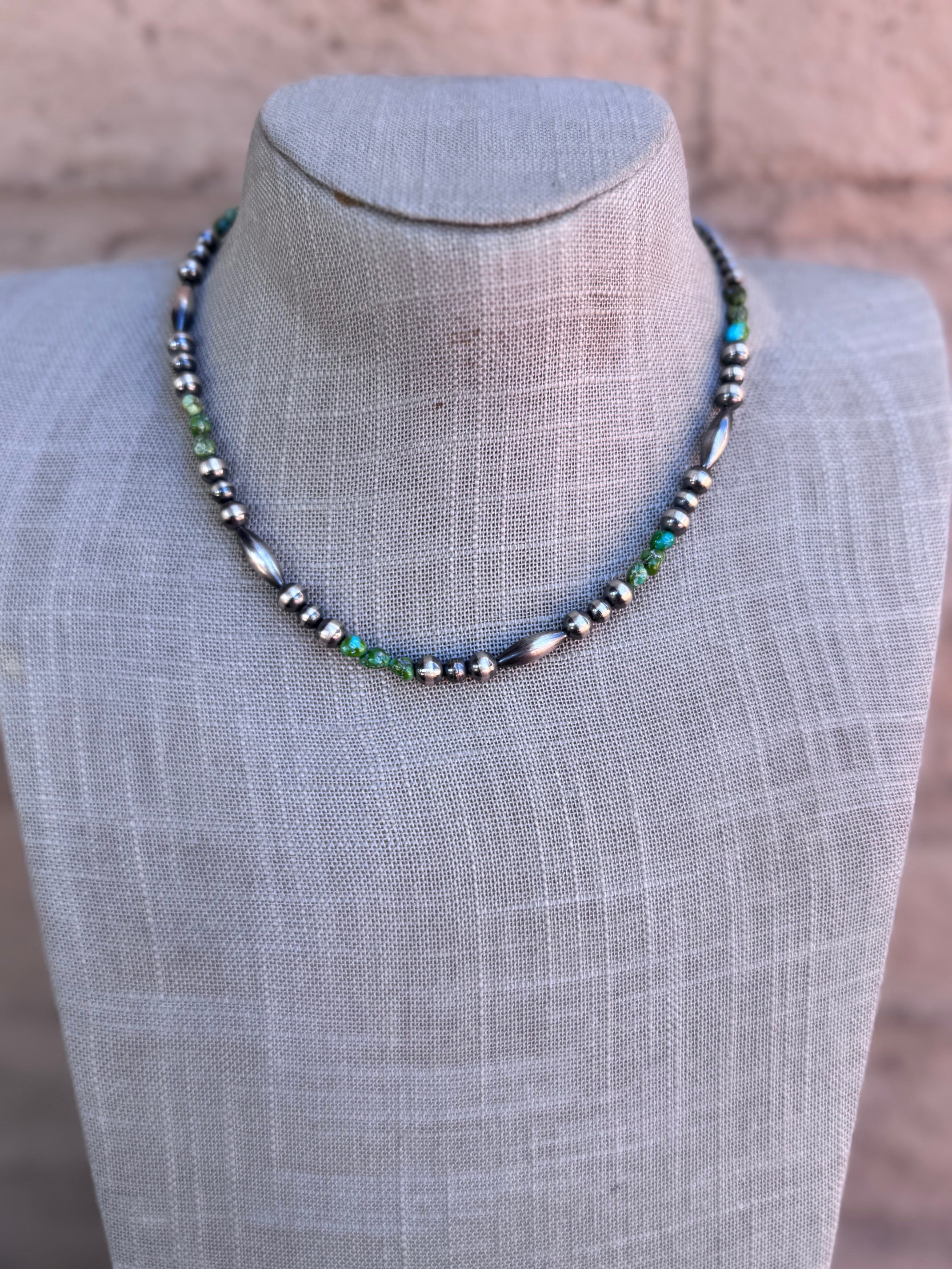 Handcrafted Royston Turquoise Sterling Silver 4-6mm Beaded Necklace 16"
