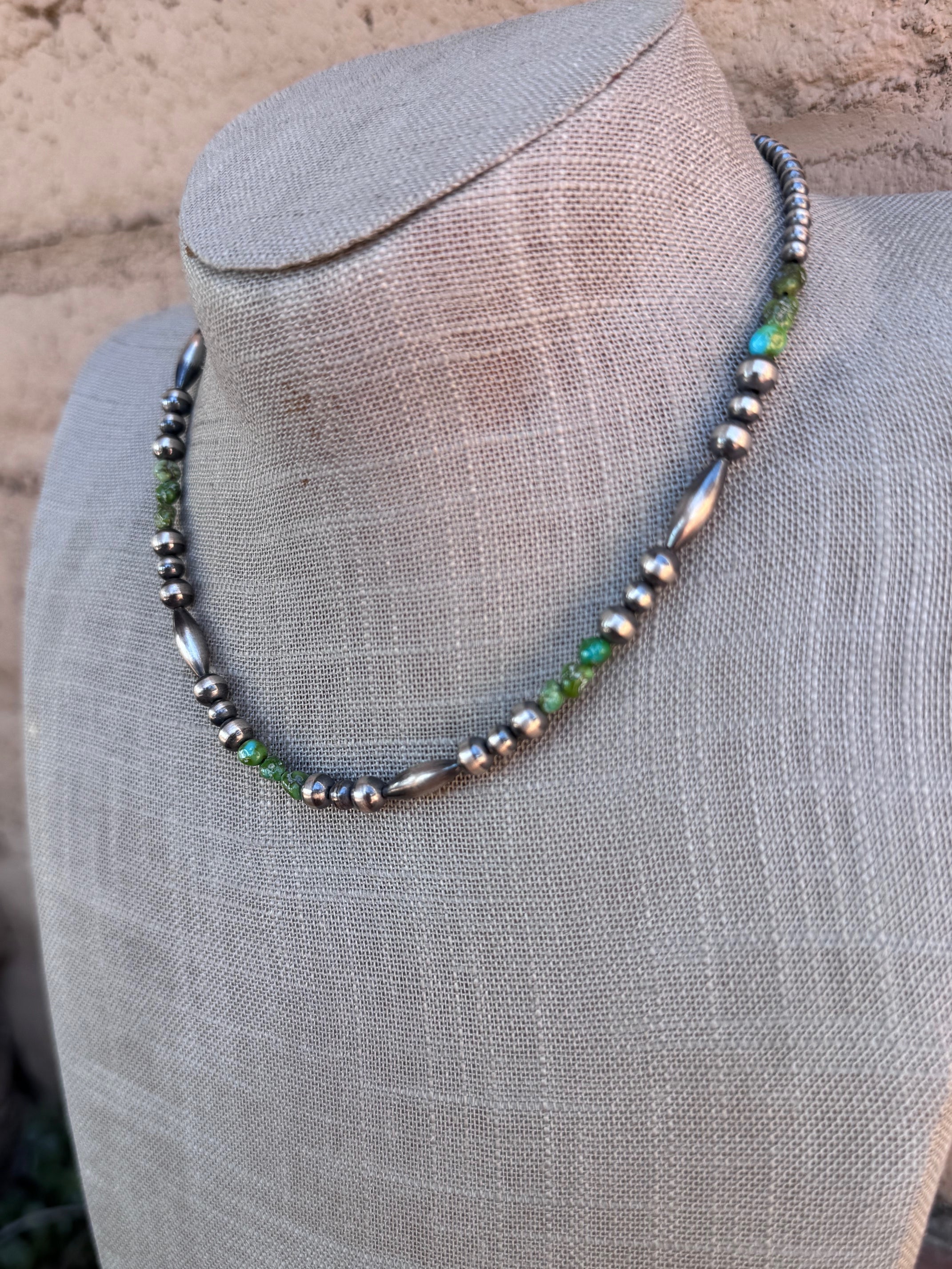 Handcrafted Royston Turquoise Sterling Silver 4-6mm Beaded Necklace 16"