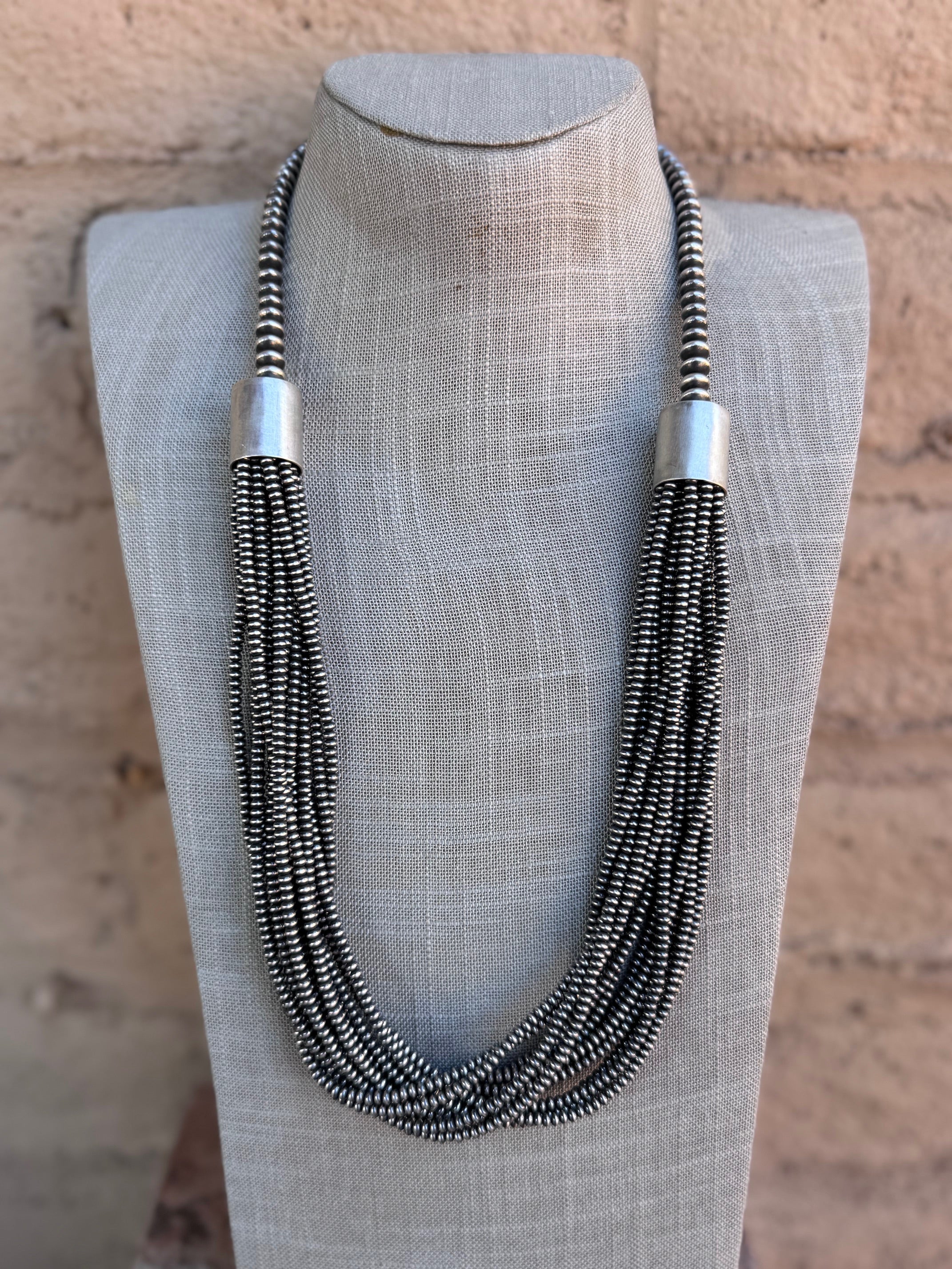 Handcrafted Saucer Pearl Sterling Silver Multi Strand Beaded Necklace 28"