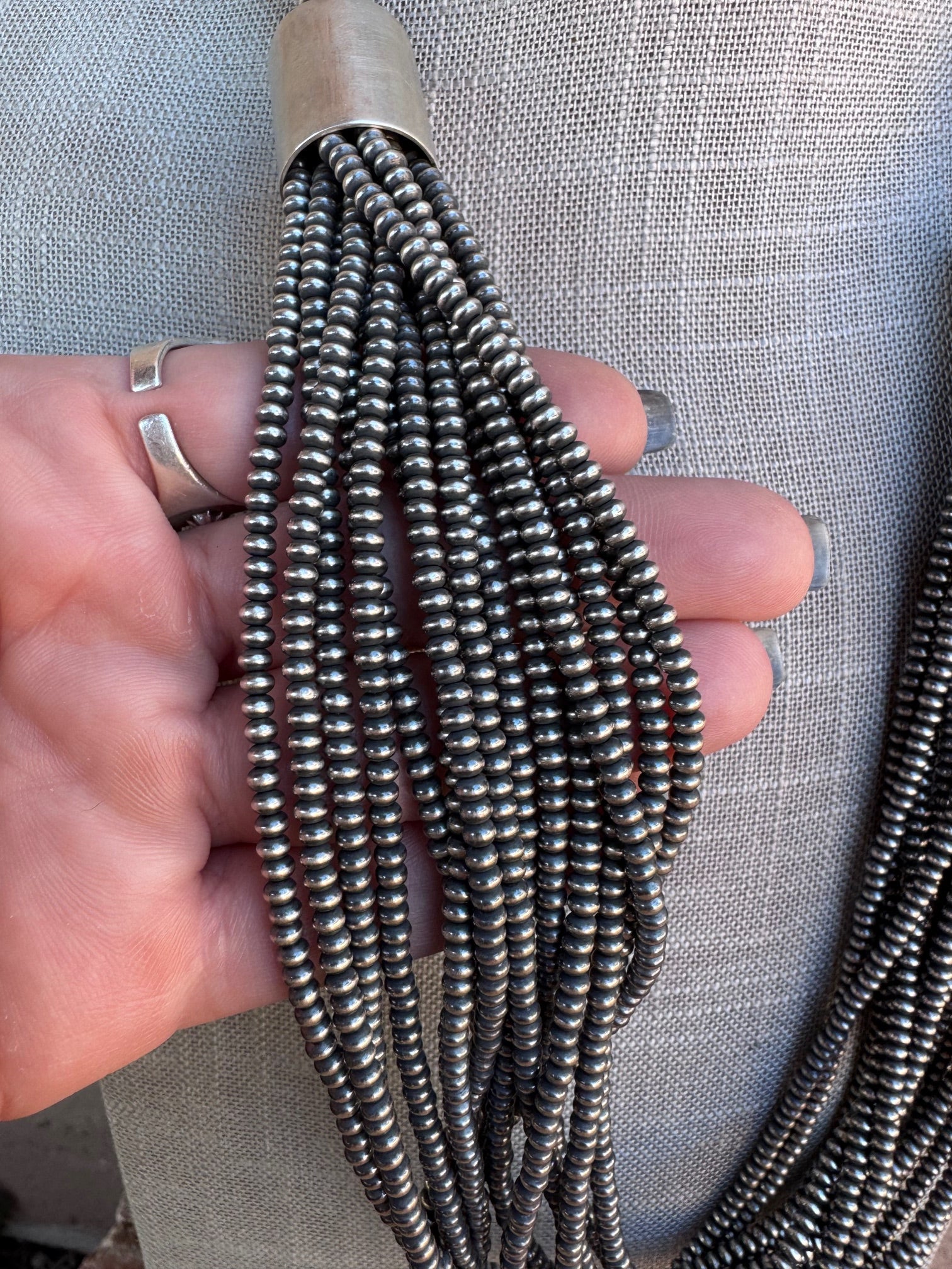 Handcrafted Saucer Pearl Sterling Silver Multi Strand Beaded Necklace 28"