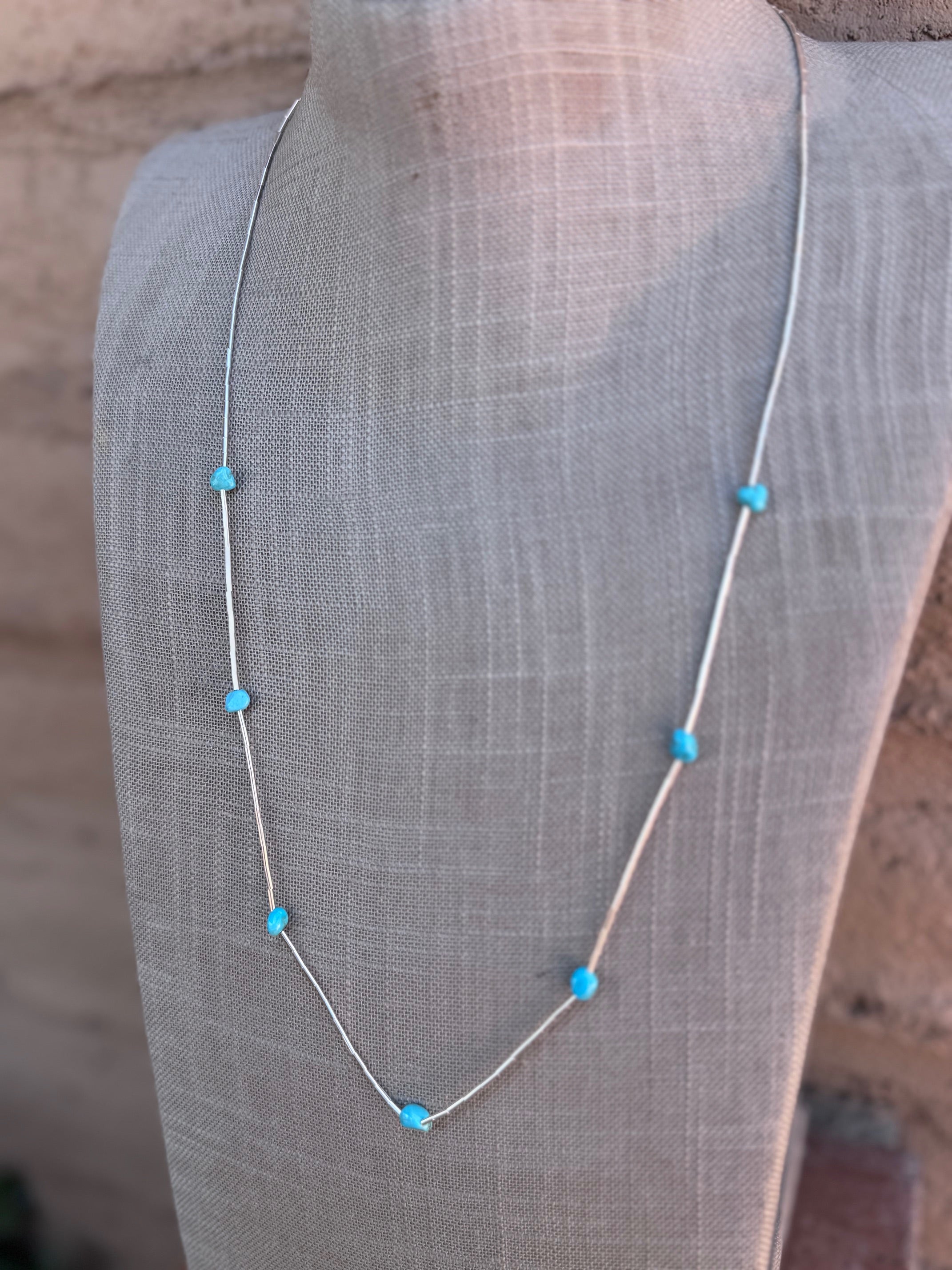 Handmade Kingman Turquoise & Liquid Silver Sterling Silver Necklace 26"