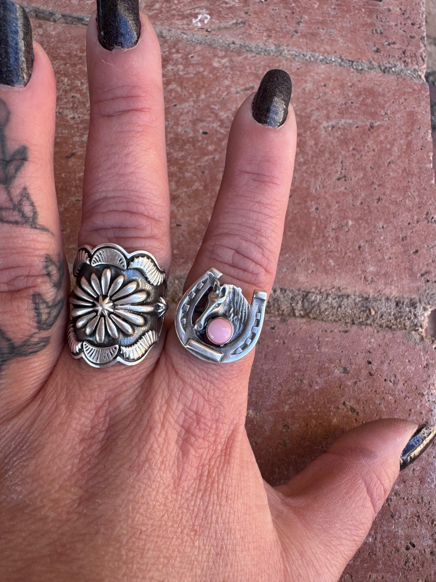 Handcrafted Pink Conch Sterling Silver Horseshoe Ring