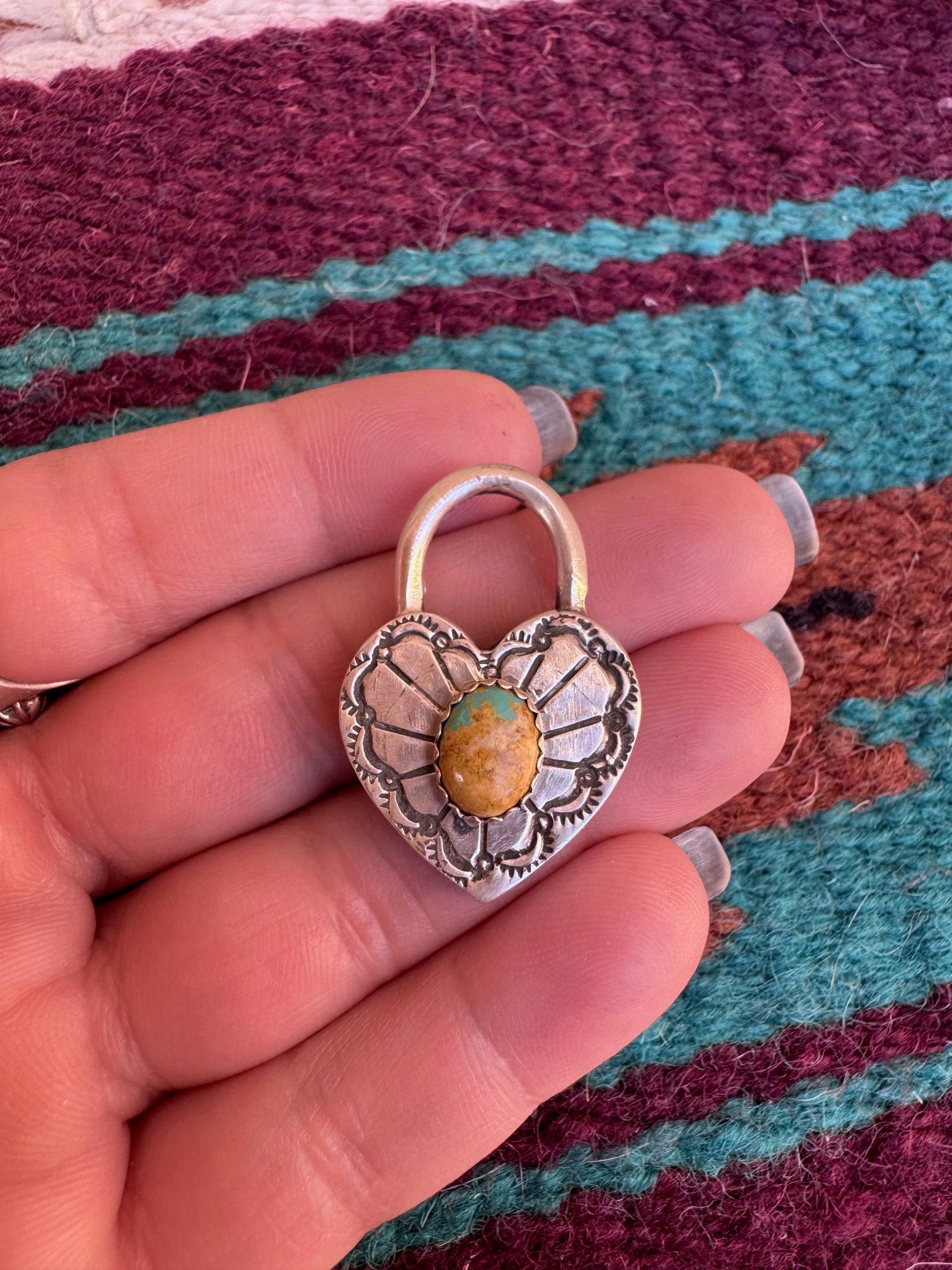 Handcrafted Ribbon Turquoise & Sterling Silver Heart Locket Pendant by Russell Sam