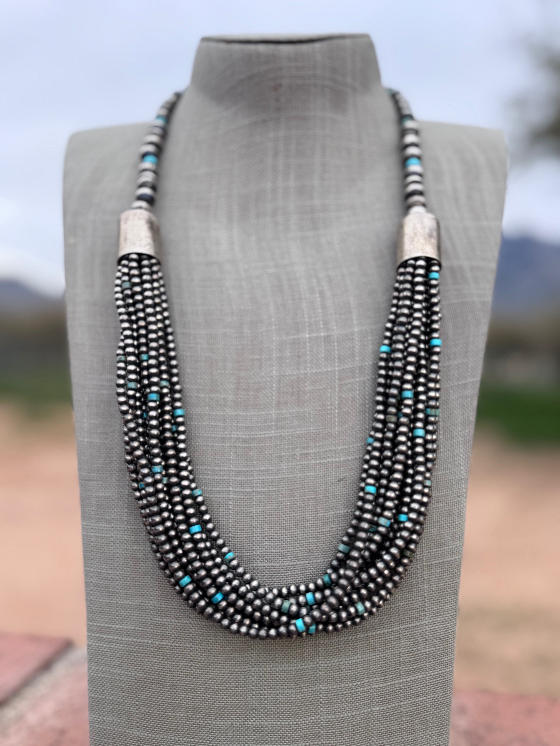 Handcrafted Turquoise & Sterling Silver Pearl 4mm-10mm 12 Strand Necklace 28"