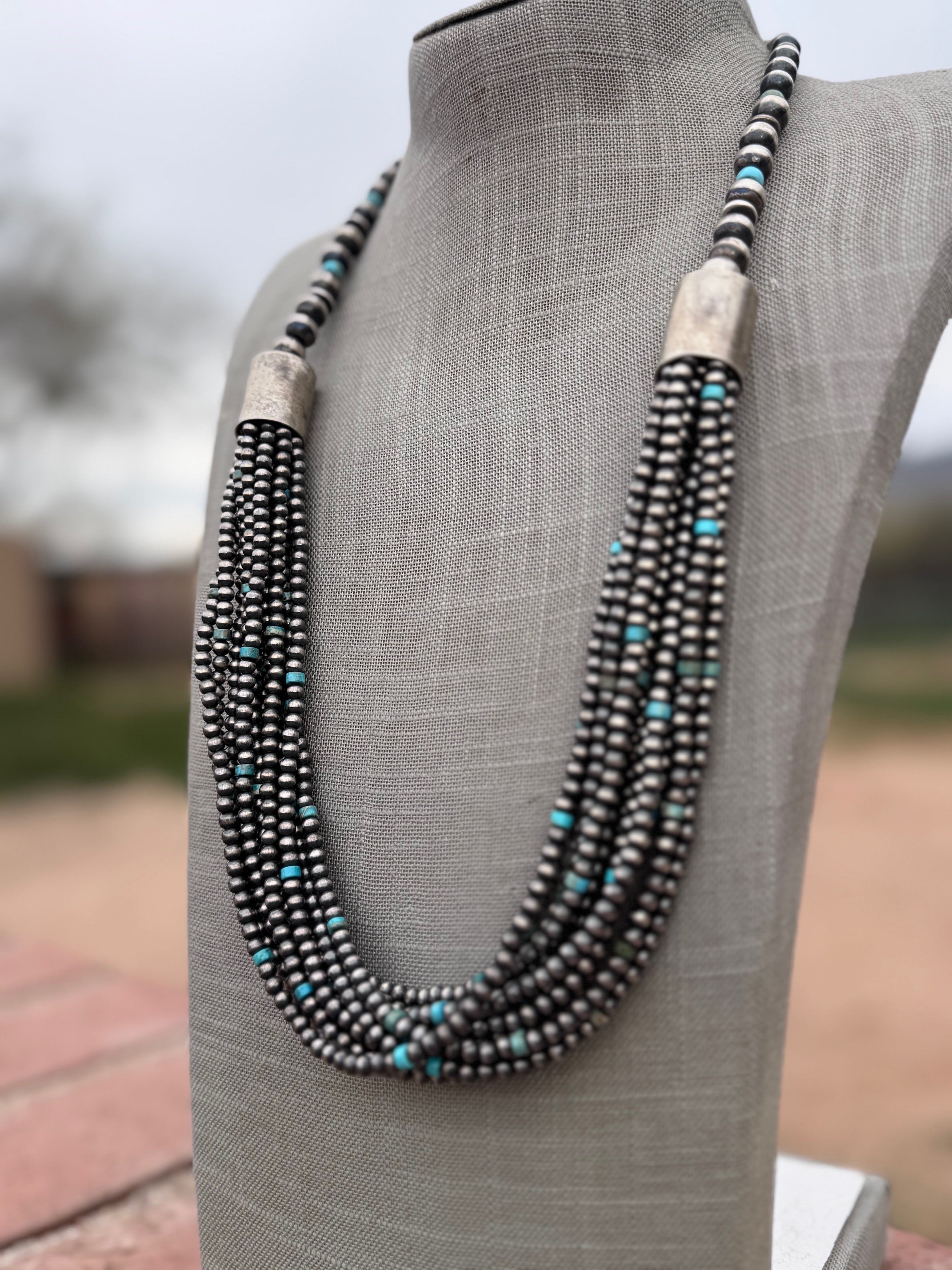 Handcrafted Turquoise & Sterling Silver Pearl 4mm-10mm 12 Strand Necklace 28"