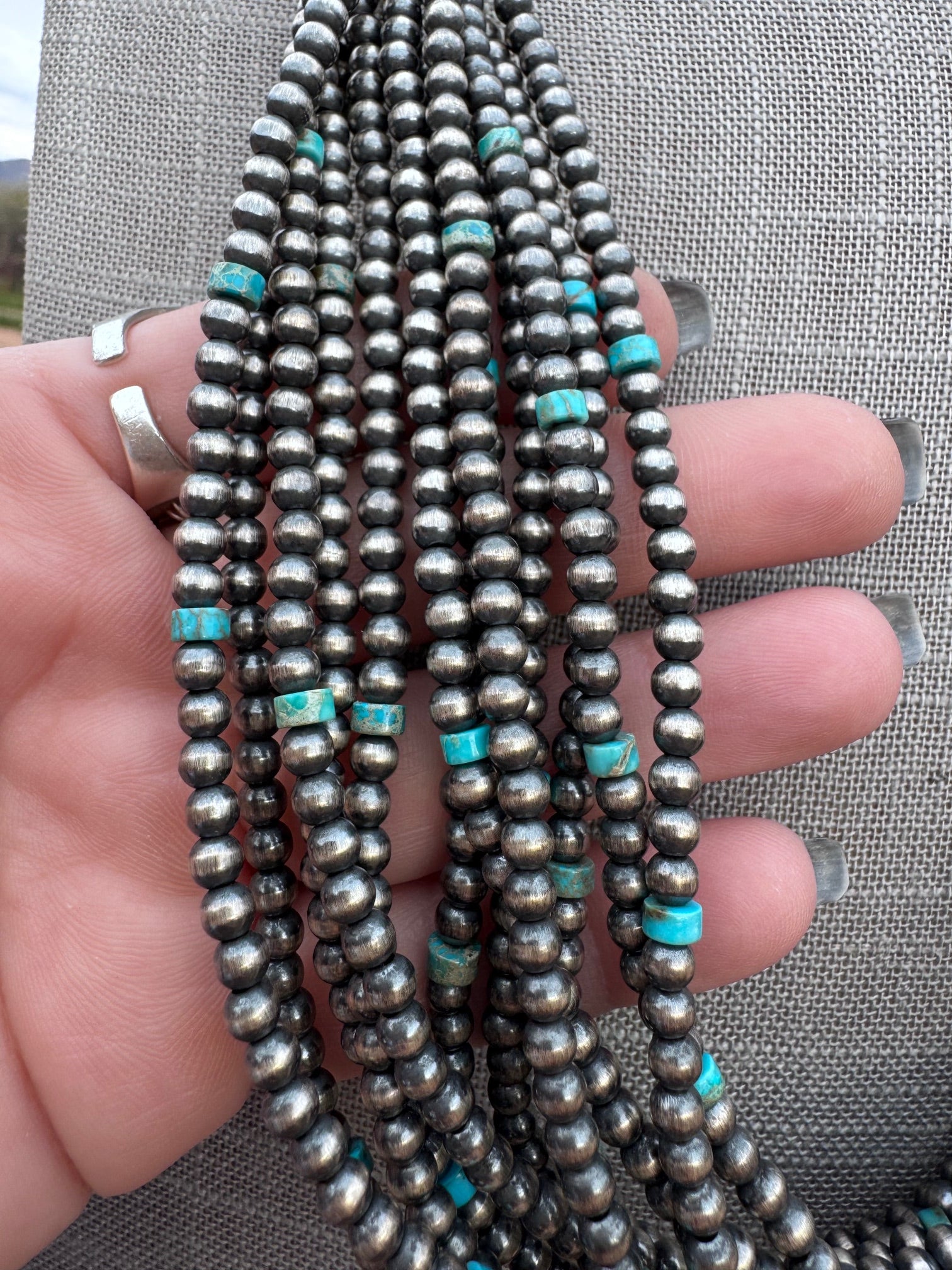 Handcrafted Turquoise & Sterling Silver Pearl 4mm-10mm 12 Strand Necklace 28"