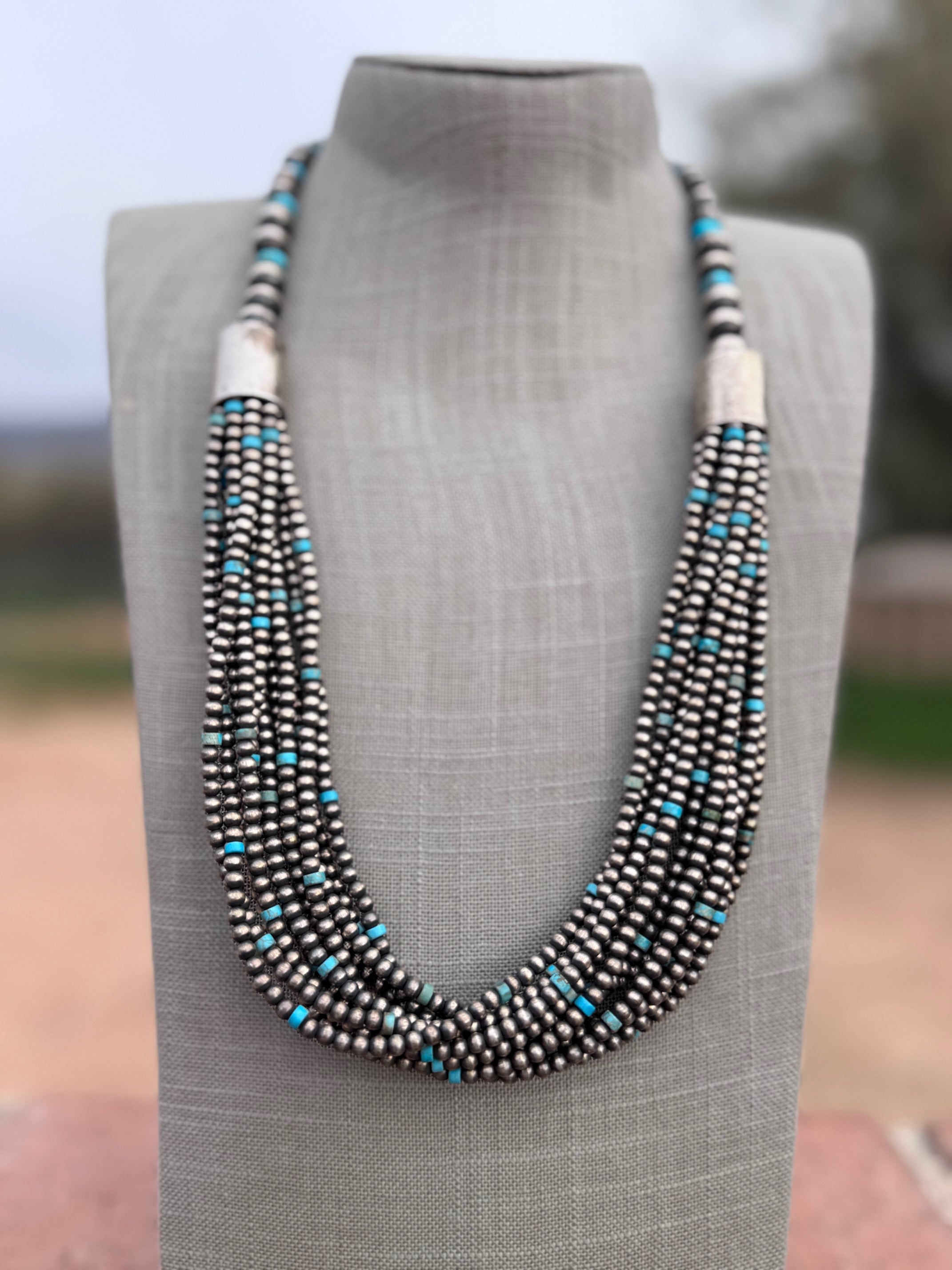 Handcrafted Turquoise & Sterling Silver Pearl 4mm-10mm 12 Strand Necklace 28"