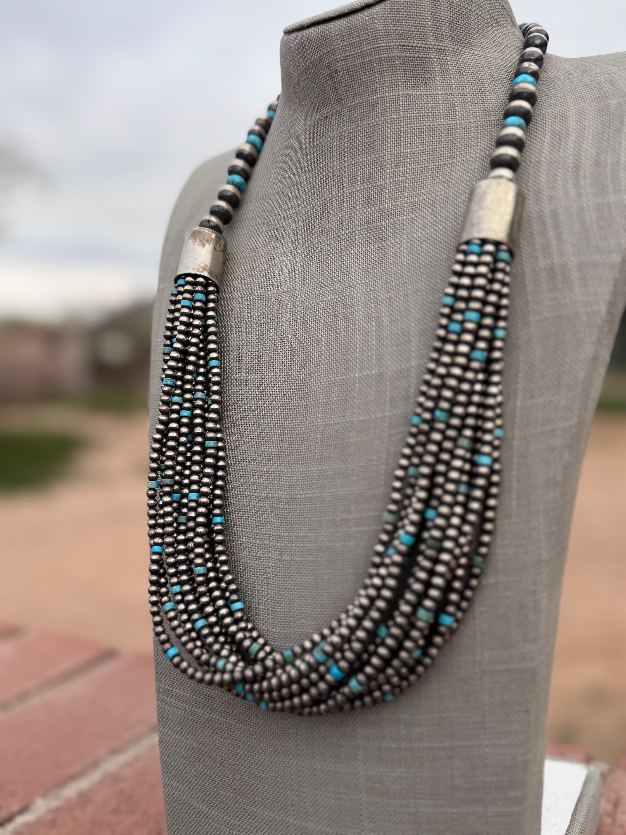 Handcrafted Turquoise & Sterling Silver Pearl 4mm-10mm 12 Strand Necklace 28"