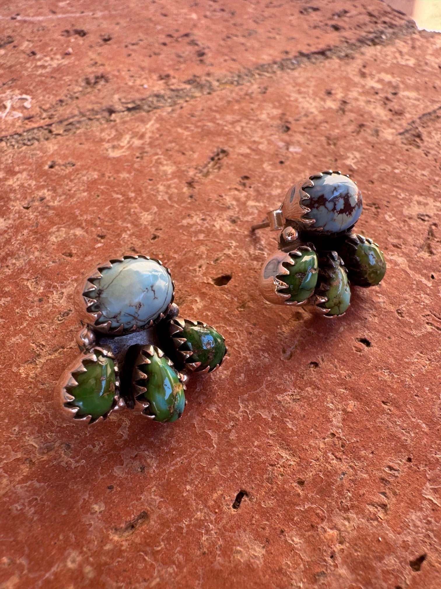 Nizhoni “The Backroads” Golden Hills, Sonoran Mountain Turquoise & Sterling Silver 4 Stone Earrings Handmade