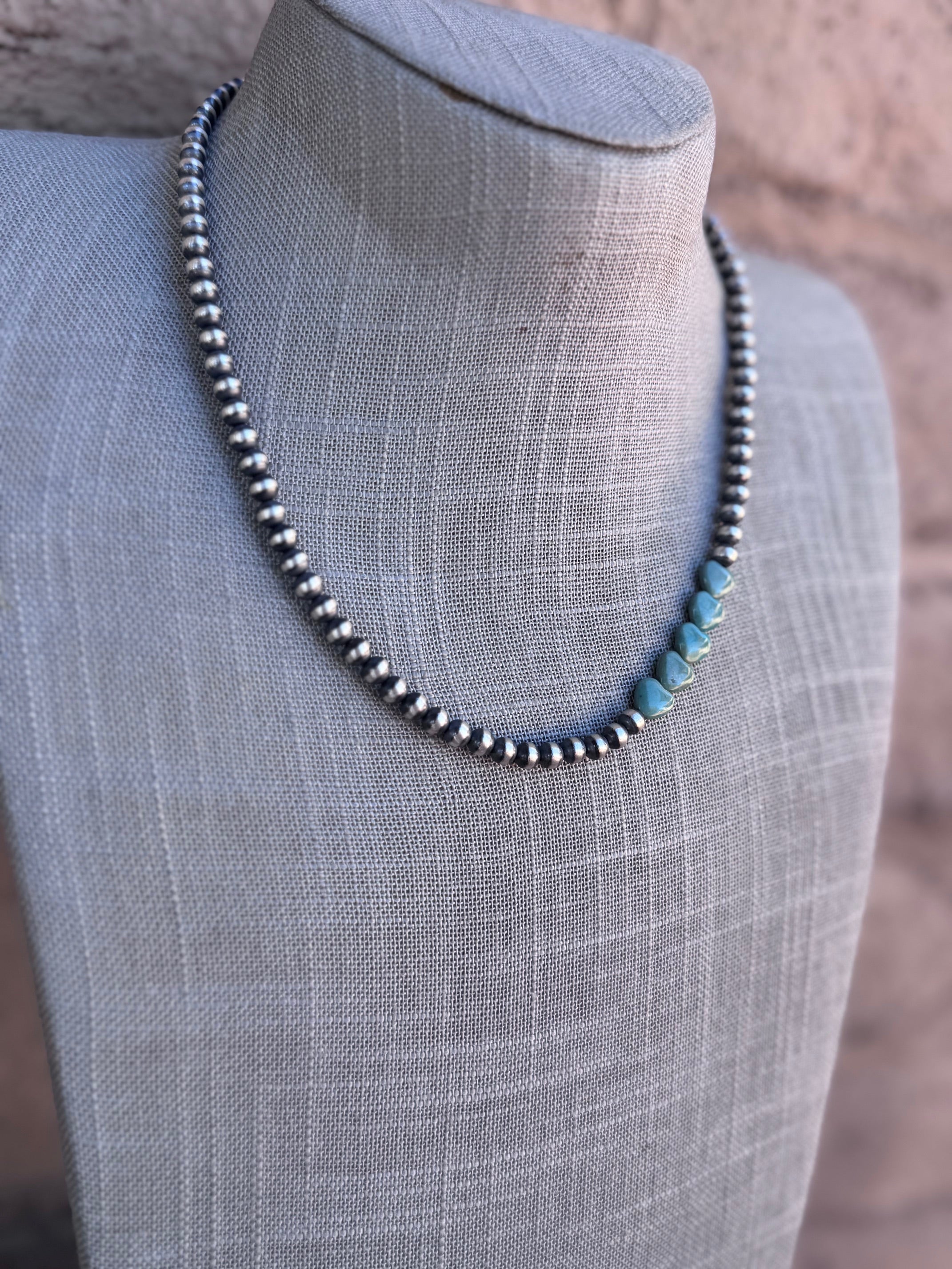 Handcrafted Kingman Turquoise & Sterling Silver Heart 5mm Beaded Necklace 18"