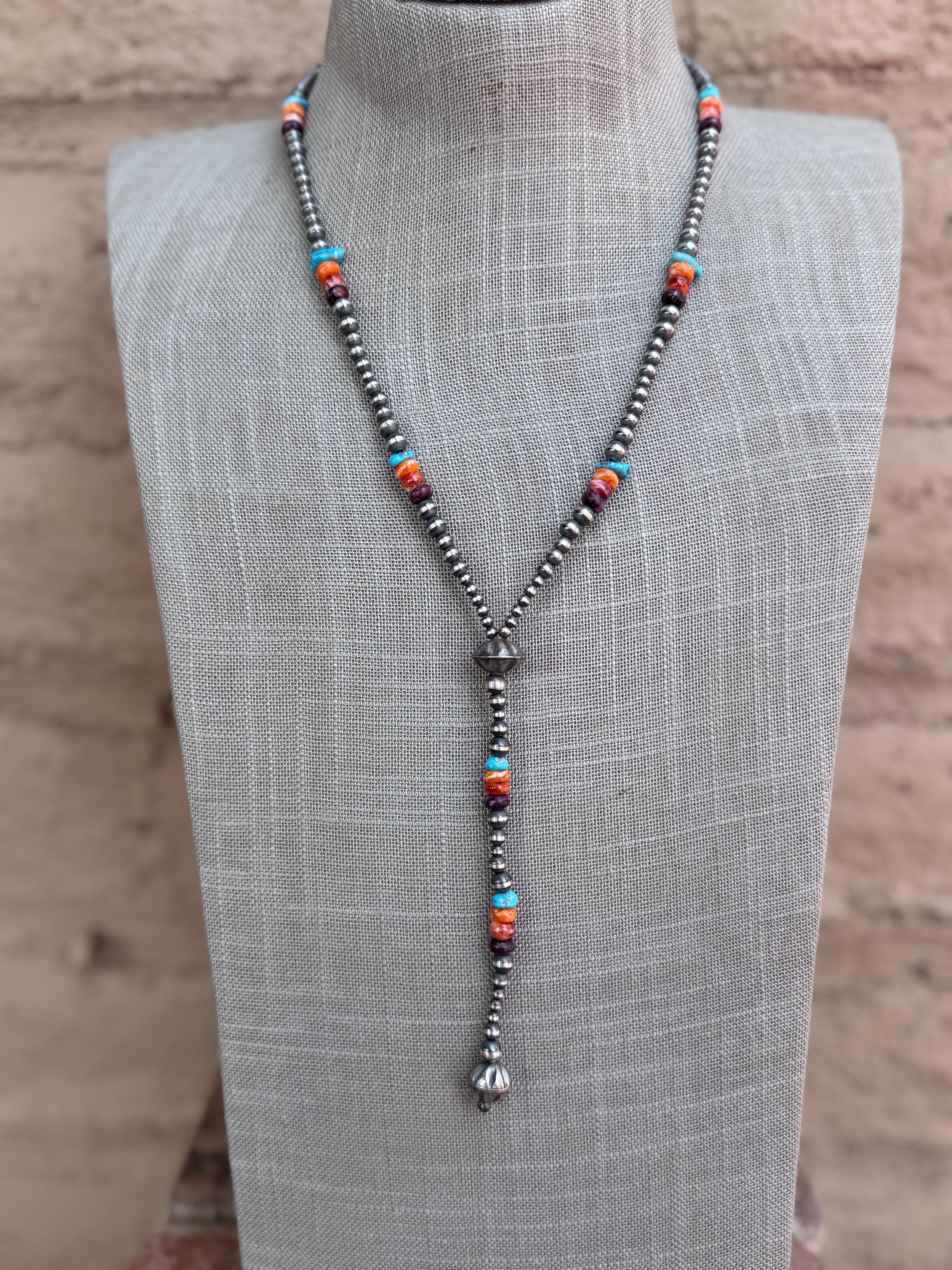 Handcrafted Multi Stone & Sterling Silver Pearl Beaded Lariat Necklace 20"