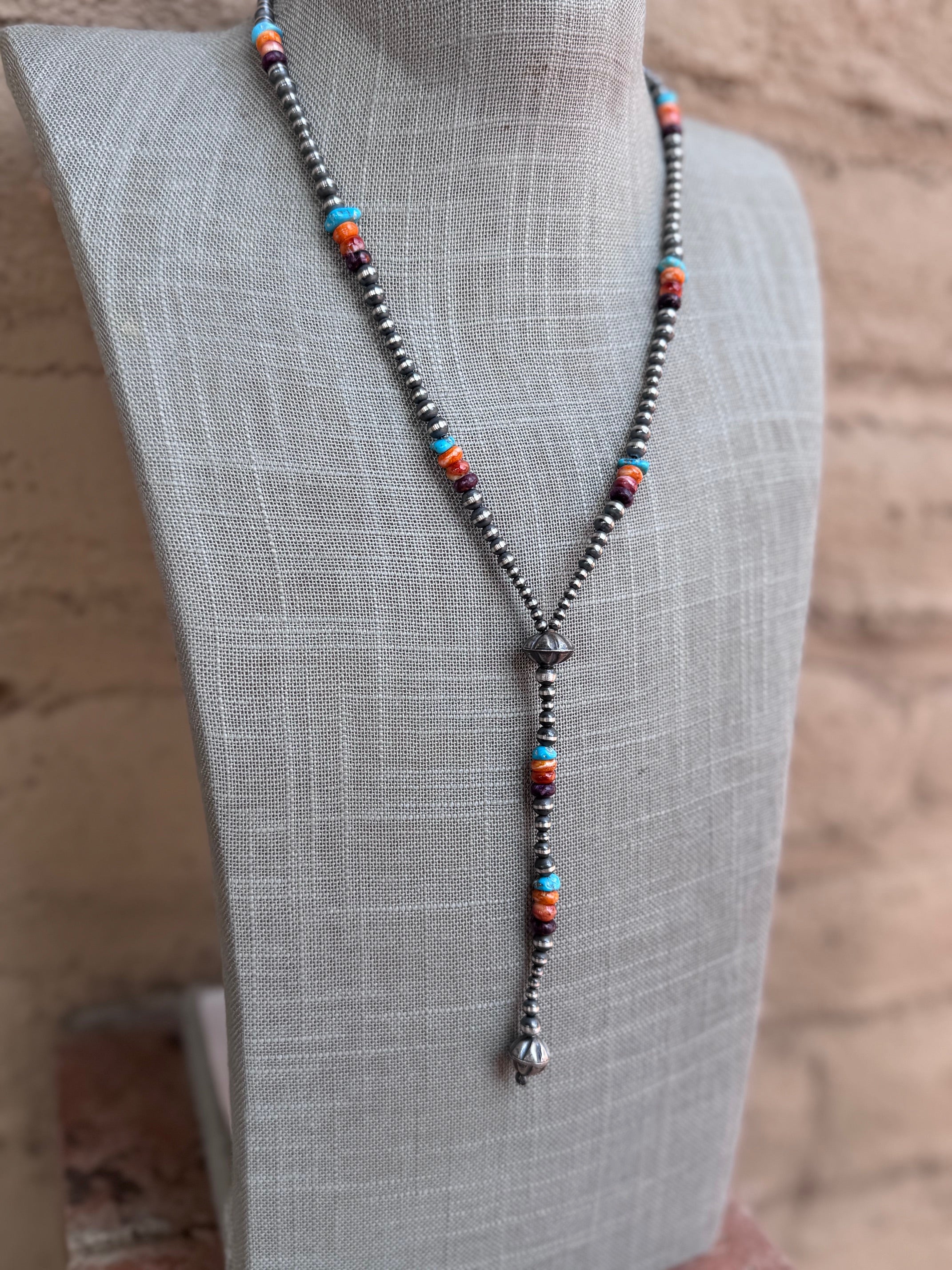 Handcrafted Multi Stone & Sterling Silver Pearl Beaded Lariat Necklace 20"