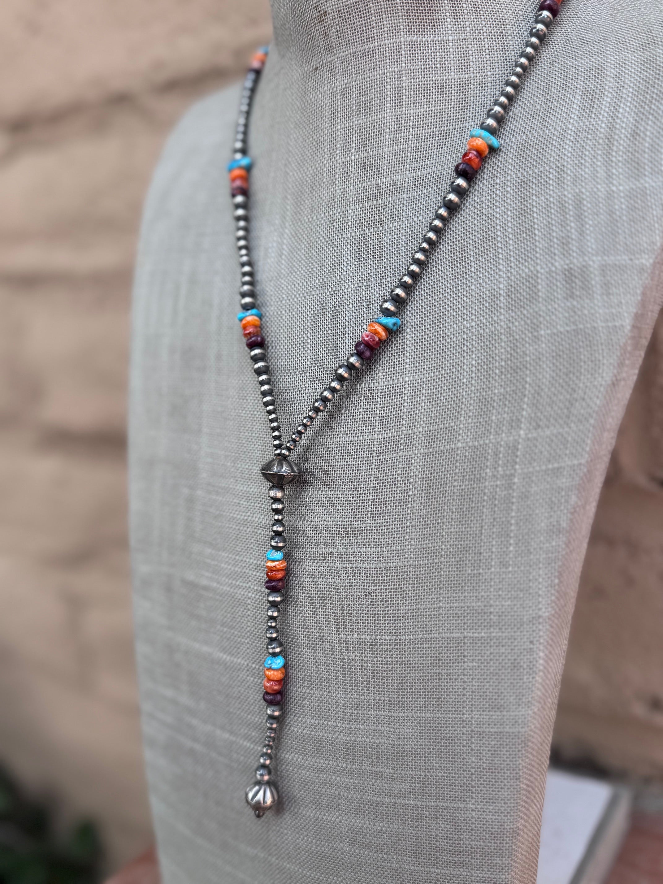 Handcrafted Multi Stone & Sterling Silver Pearl Beaded Lariat Necklace 20"