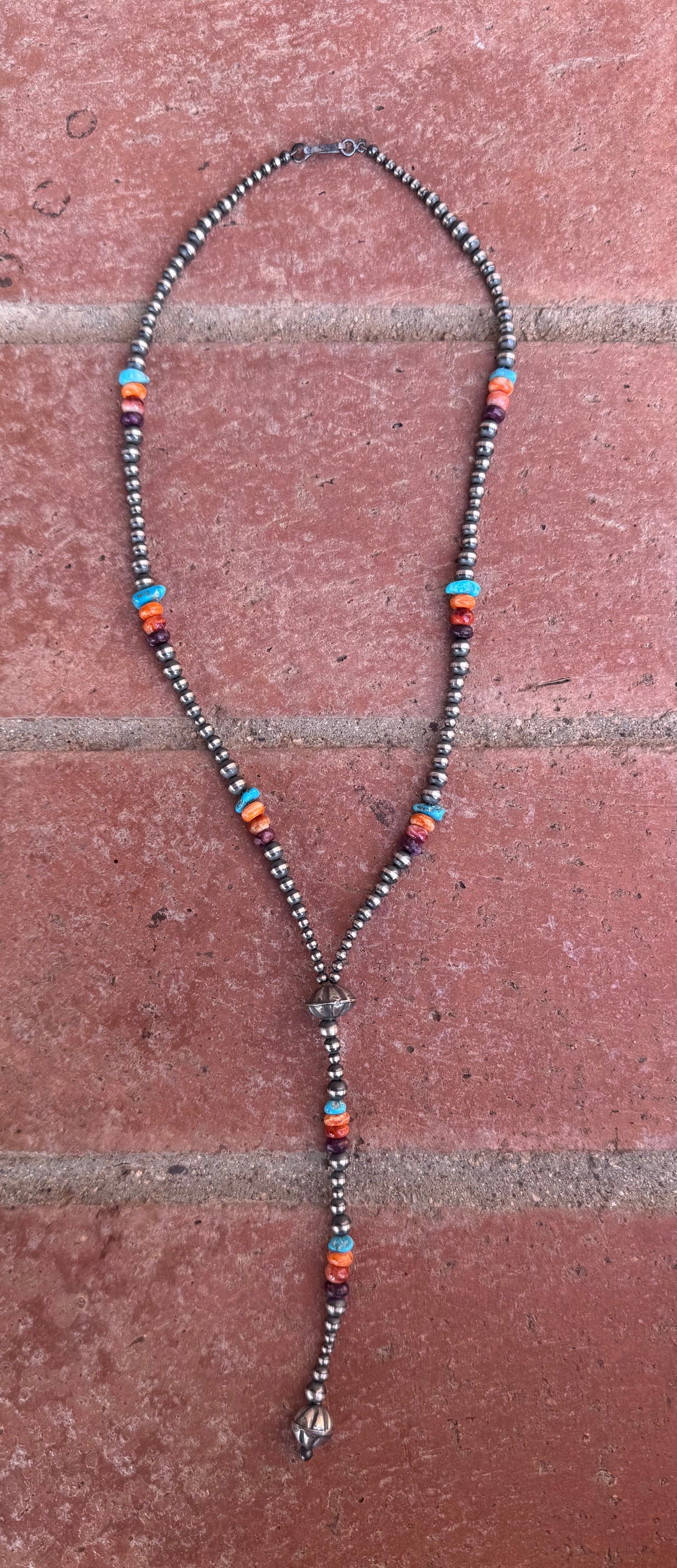 Handcrafted Multi Stone & Sterling Silver Pearl Beaded Lariat Necklace 20"