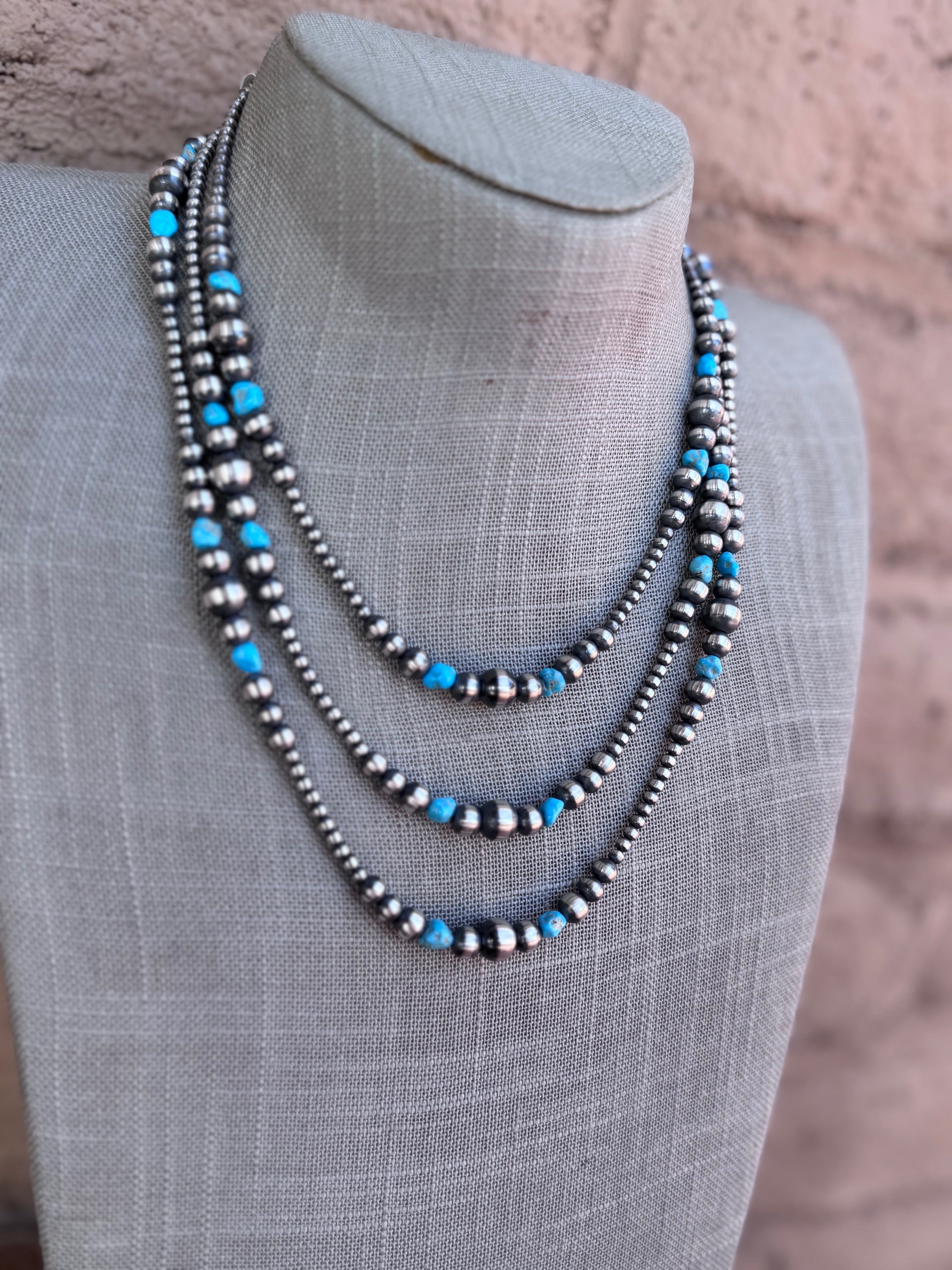 Handcrafted Sterling Silver & Kingman Turquoise 3-8mm Beaded Necklace