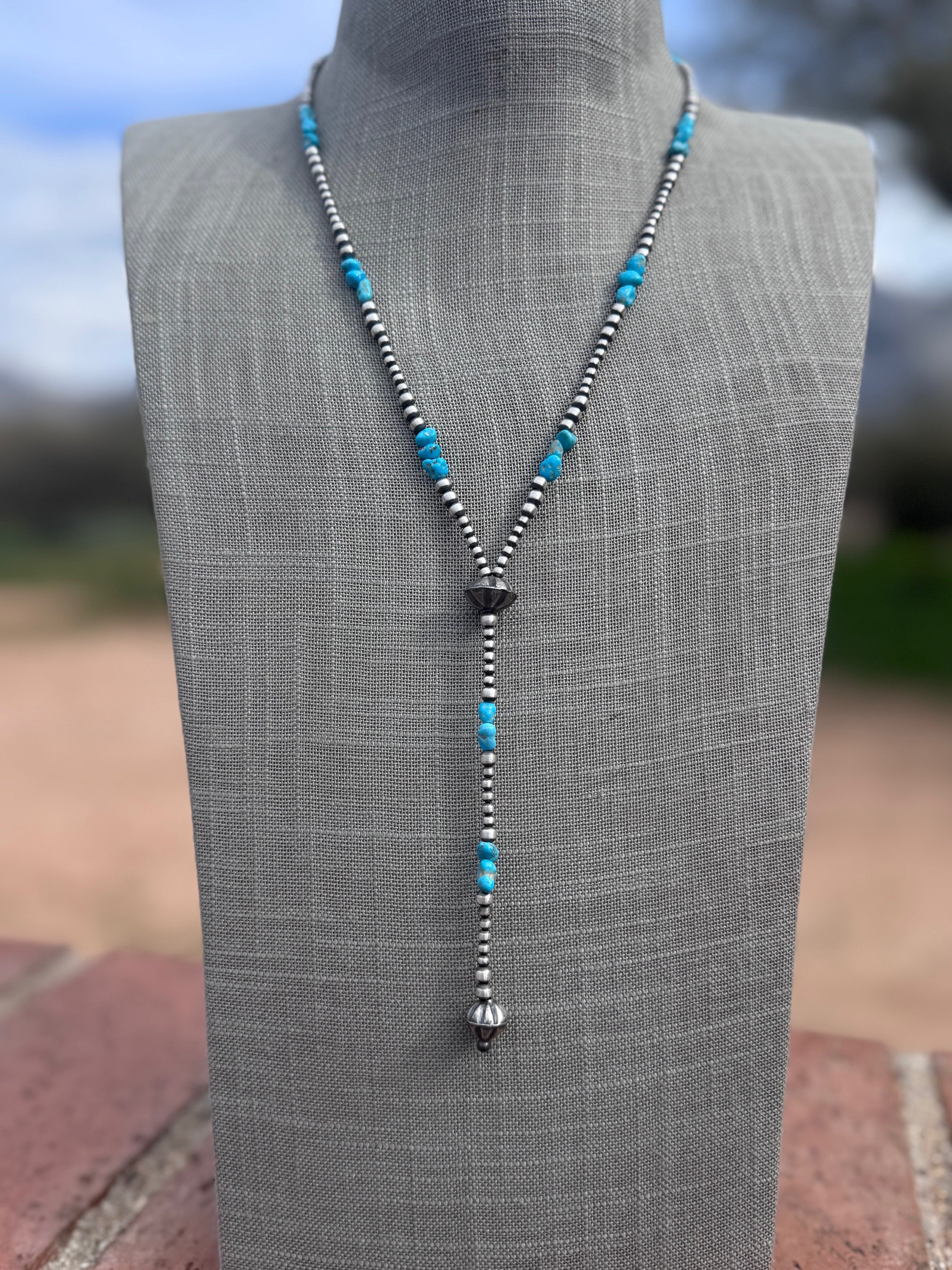 Handcrafted Sterling Silver & Turquoise 3-4mm Beaded Lariat Necklace 20"