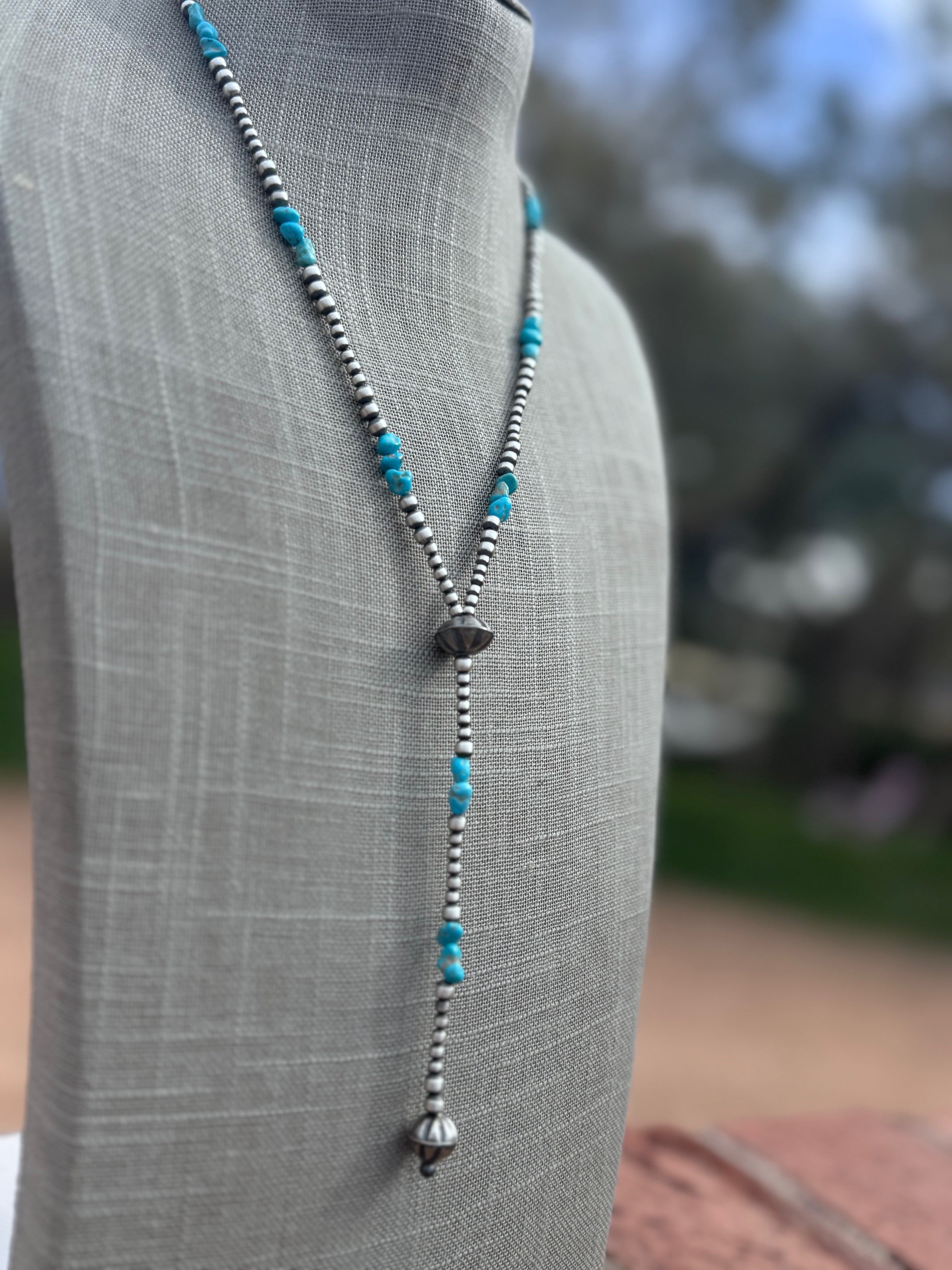 Handcrafted Sterling Silver & Turquoise 3-4mm Beaded Lariat Necklace 20"