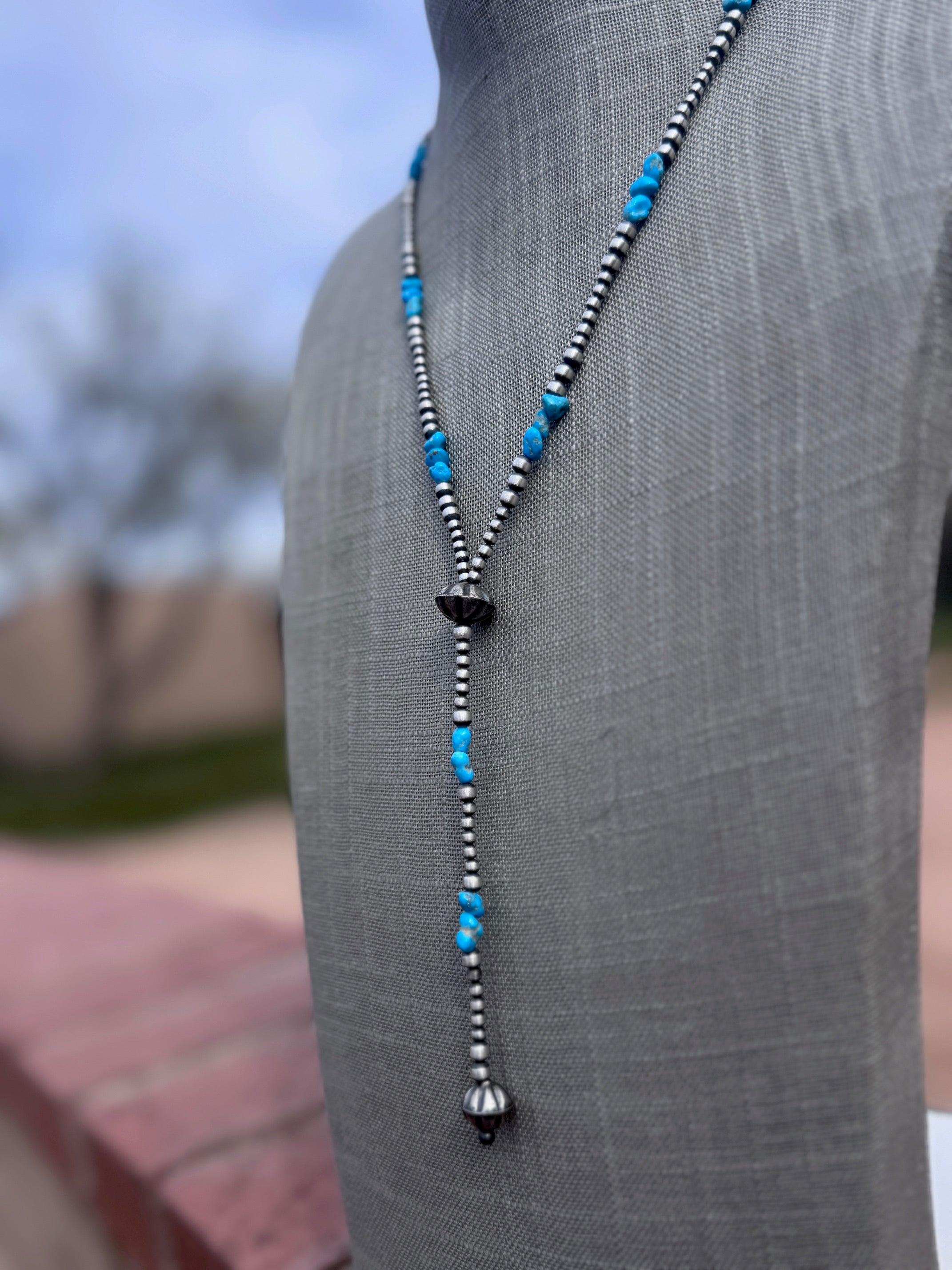 Handcrafted Sterling Silver & Turquoise 3-4mm Beaded Lariat Necklace 20"