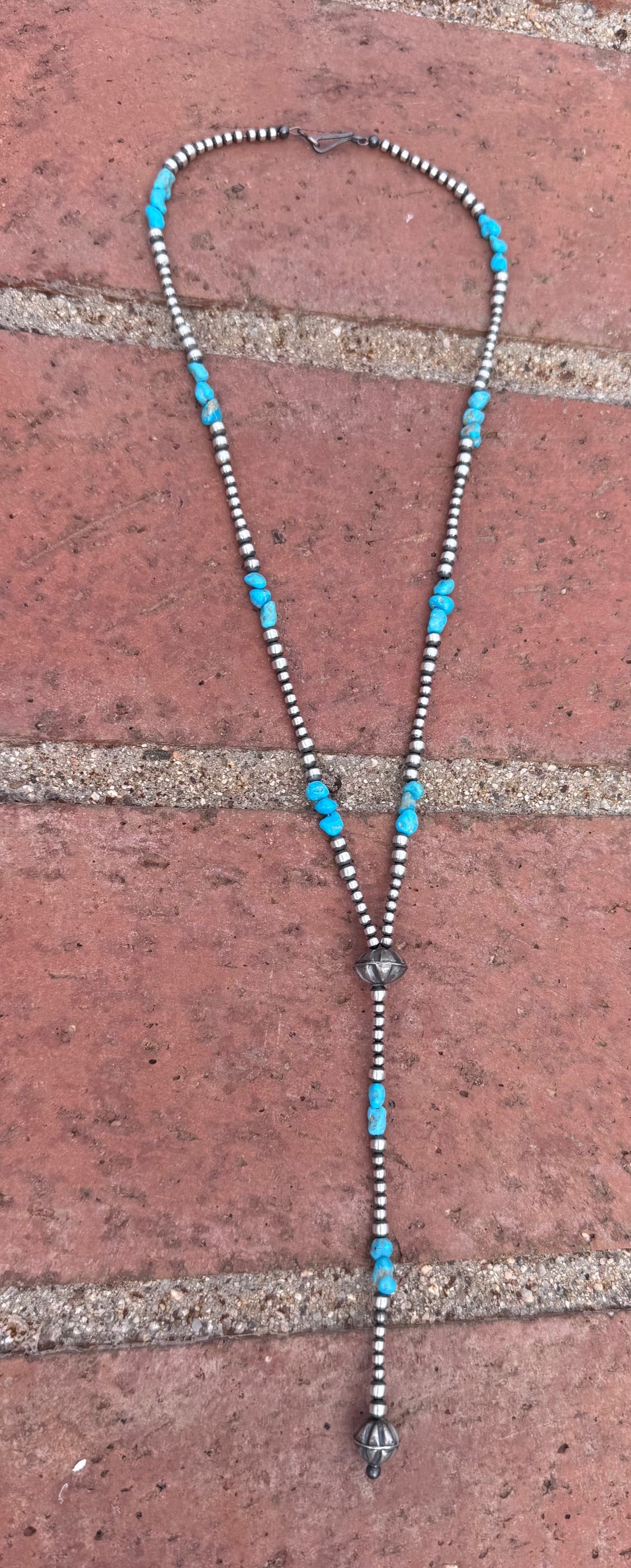 Handcrafted Sterling Silver & Turquoise 3-4mm Beaded Lariat Necklace 20"