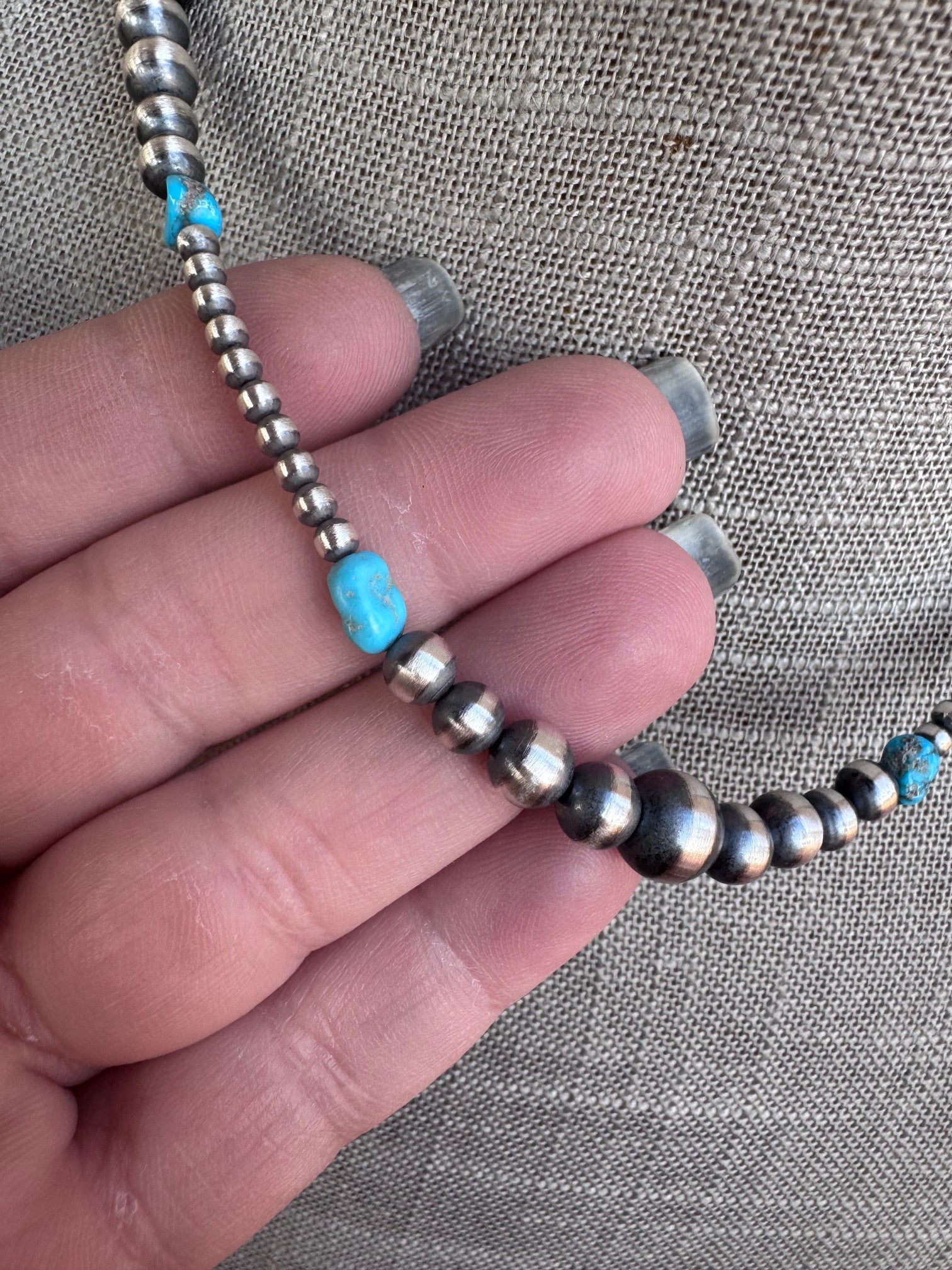 Handcrafted Sterling Silver & Kingman Turquoise 3-8mm Beaded Necklace 16"