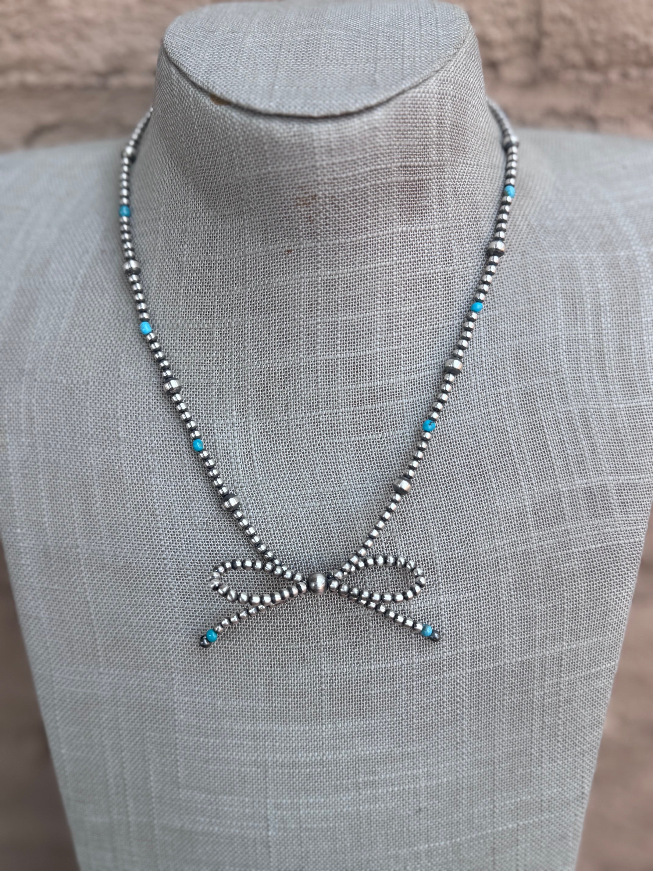 Handcrafted Sterling Silver & Turquoise Pearl 3-8mm Beaded Bow Tie Necklace 18"