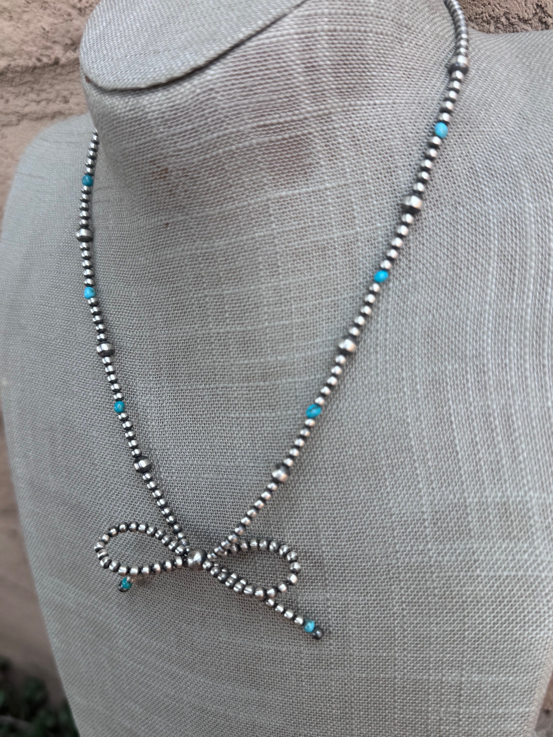 Handcrafted Sterling Silver & Turquoise Pearl 3-8mm Beaded Bow Tie Necklace 18"